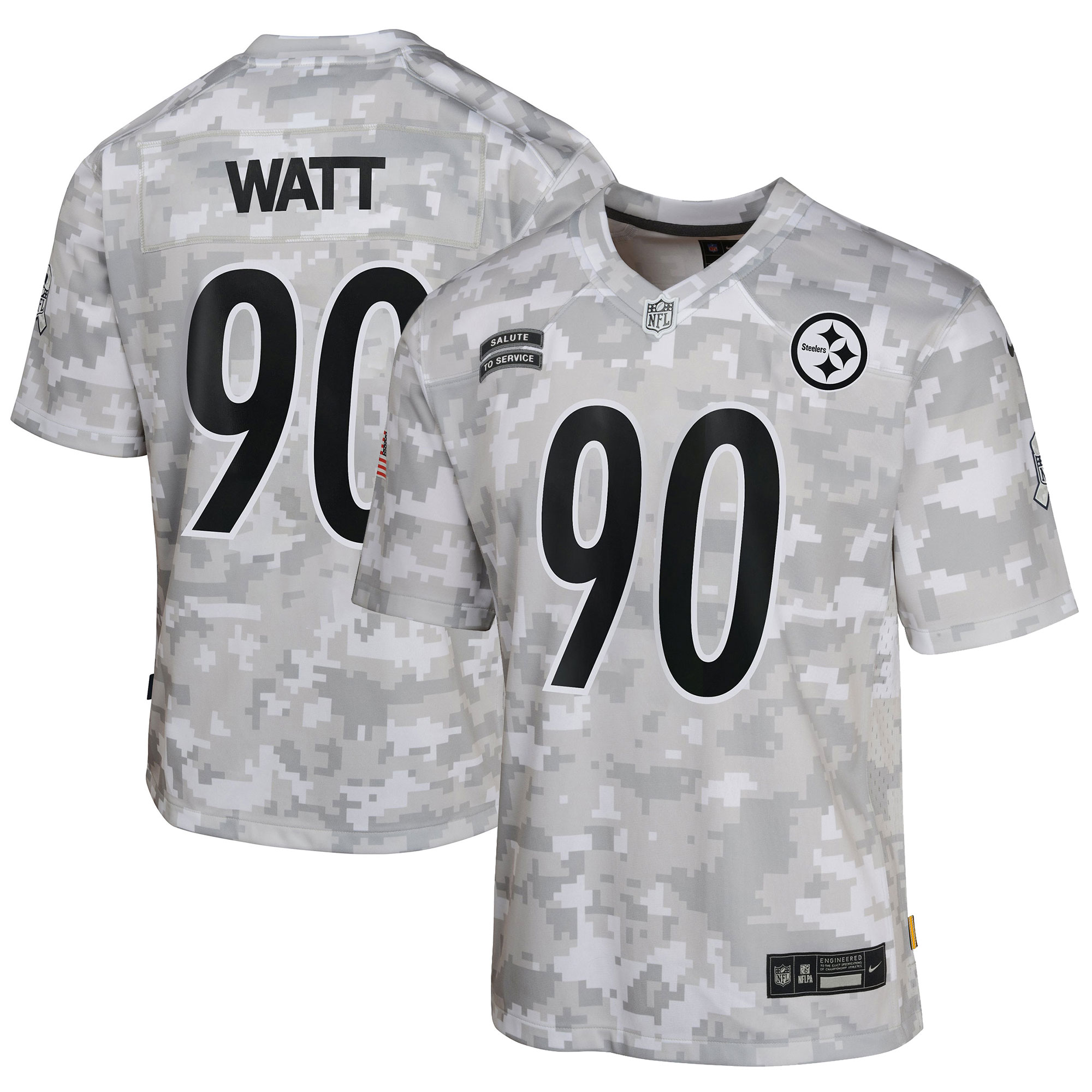 Youth Pittsburgh Steelers T.j. Watt Arctic Camo 2024 Salute To Service Game Jersey Js1389