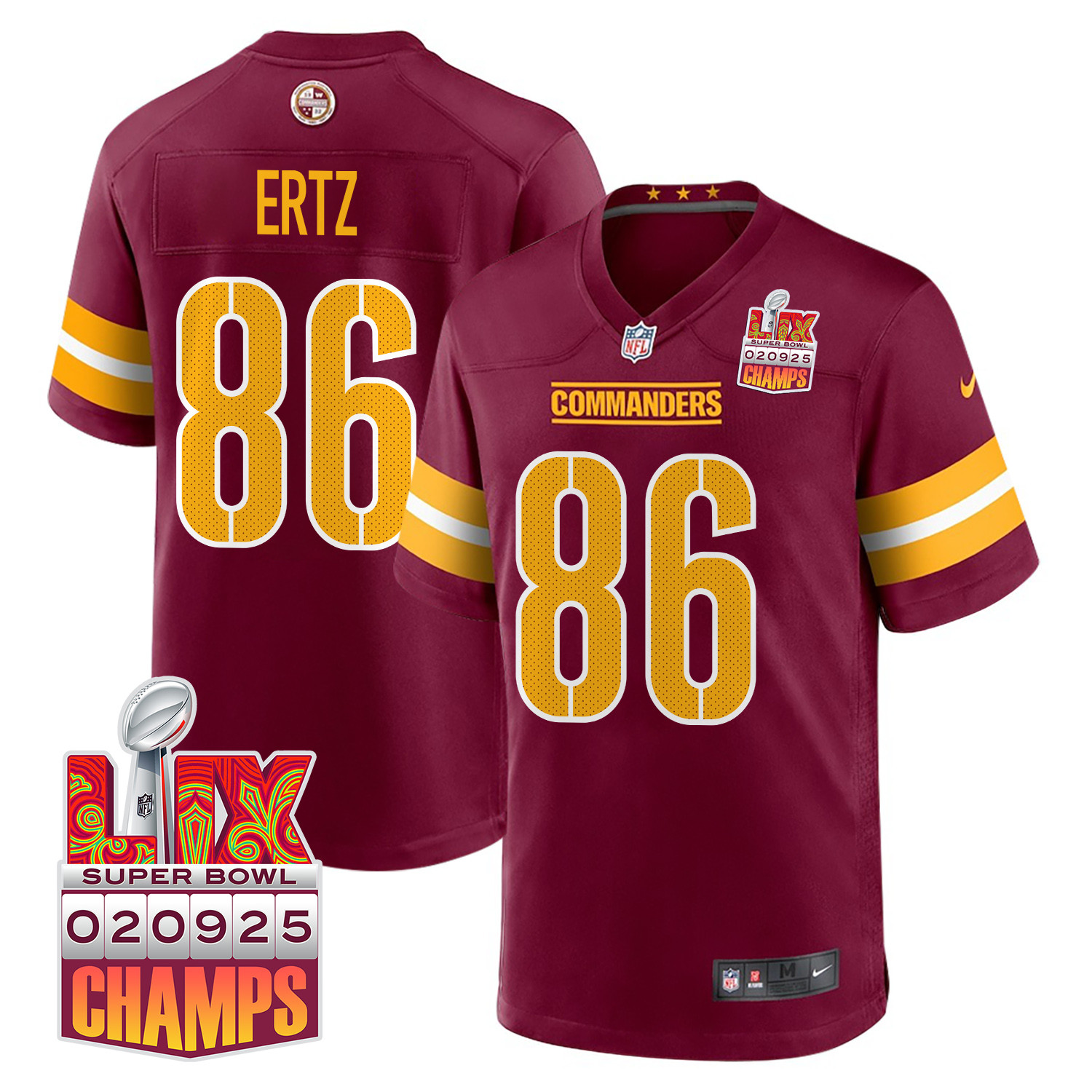 Zach Ertz 86 Washington Commanders Super Bowl Lix Champions Patch Game Men Jersey - Burgundy Js8028