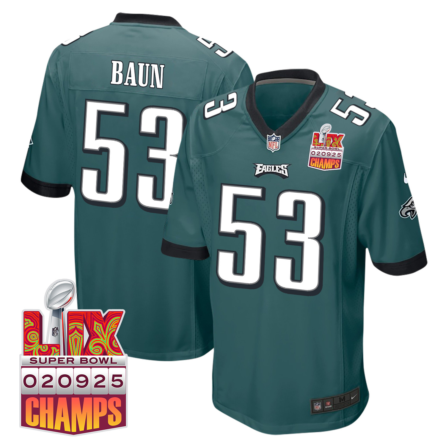 Zack Baun 53 Philadelphia Eagles Super Bowl Lix Champions Patch Game Men Jersey - Midnight Green Js1472