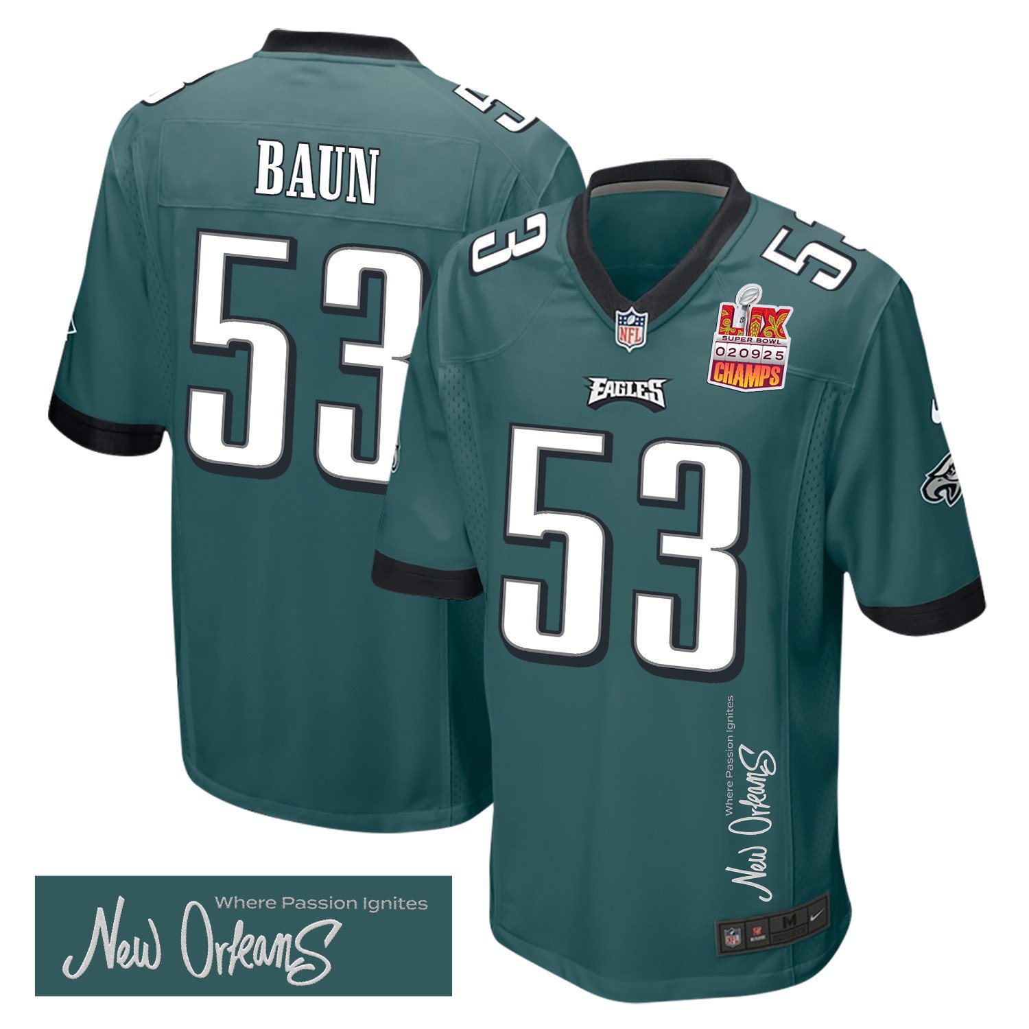 Zack Baun 53 Philadelphia Eagles Super Bowl Lix Champions Patch 'new Orleans - Where Passion Ignites' Embroidered Game Men Jersey - Midnight Green Js8049