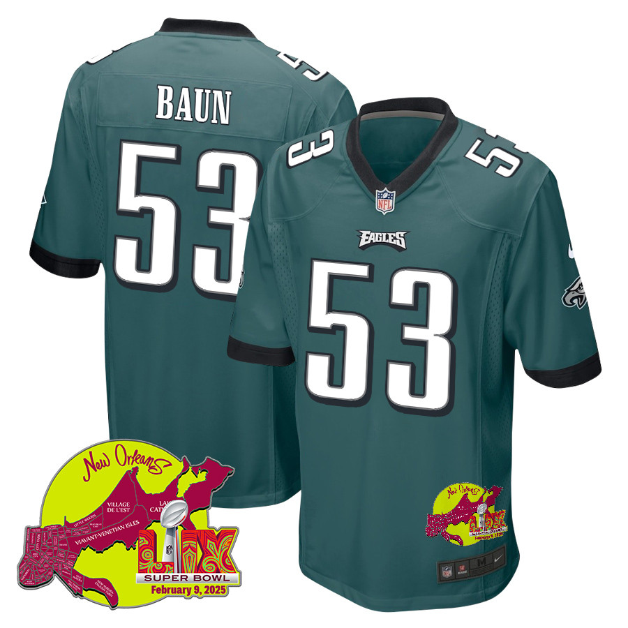 Zack Baun 53 Philadelphia Eagles Super Bowl Lix New Orleans Patch Game Men Jersey - Midnight Green Js9316