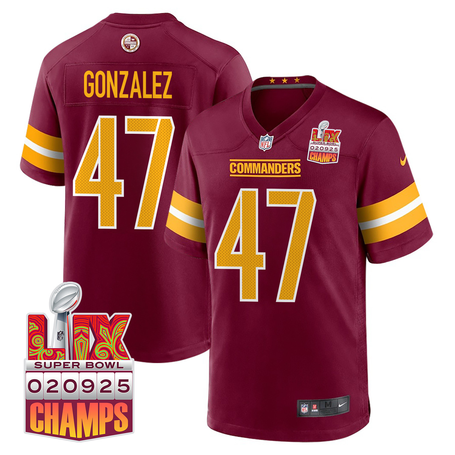 Zane Gonzalez 47 Washington Commanders Super Bowl Lix Champions Patch Game Men Jersey - Burgundy Js6953
