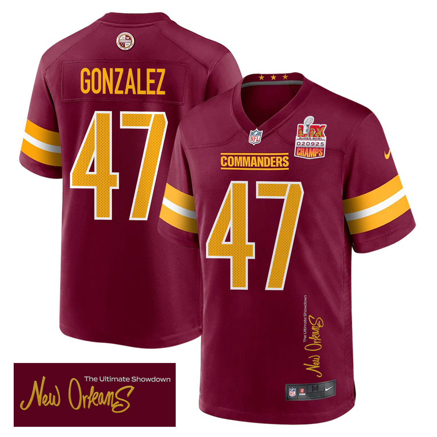 Zane Gonzalez 47 Washington Commanders Super Bowl Lix Champions Patch 'new Orleans - The Ultimate Showdown' Embroidered Game Men Jersey - Burgundy Js5894