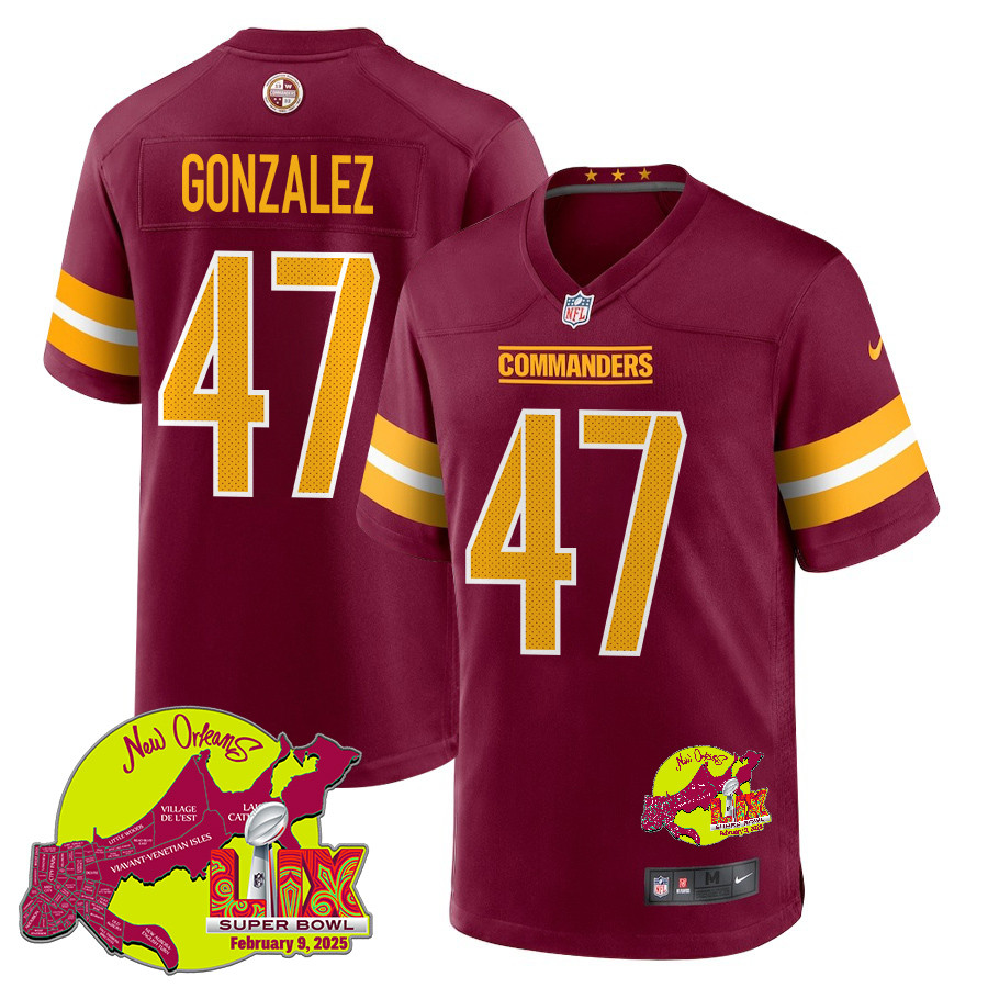 Zane Gonzalez 47 Washington Commanders Super Bowl Lix New Orleans Patch Game Men Jersey - Burgundy Js6808