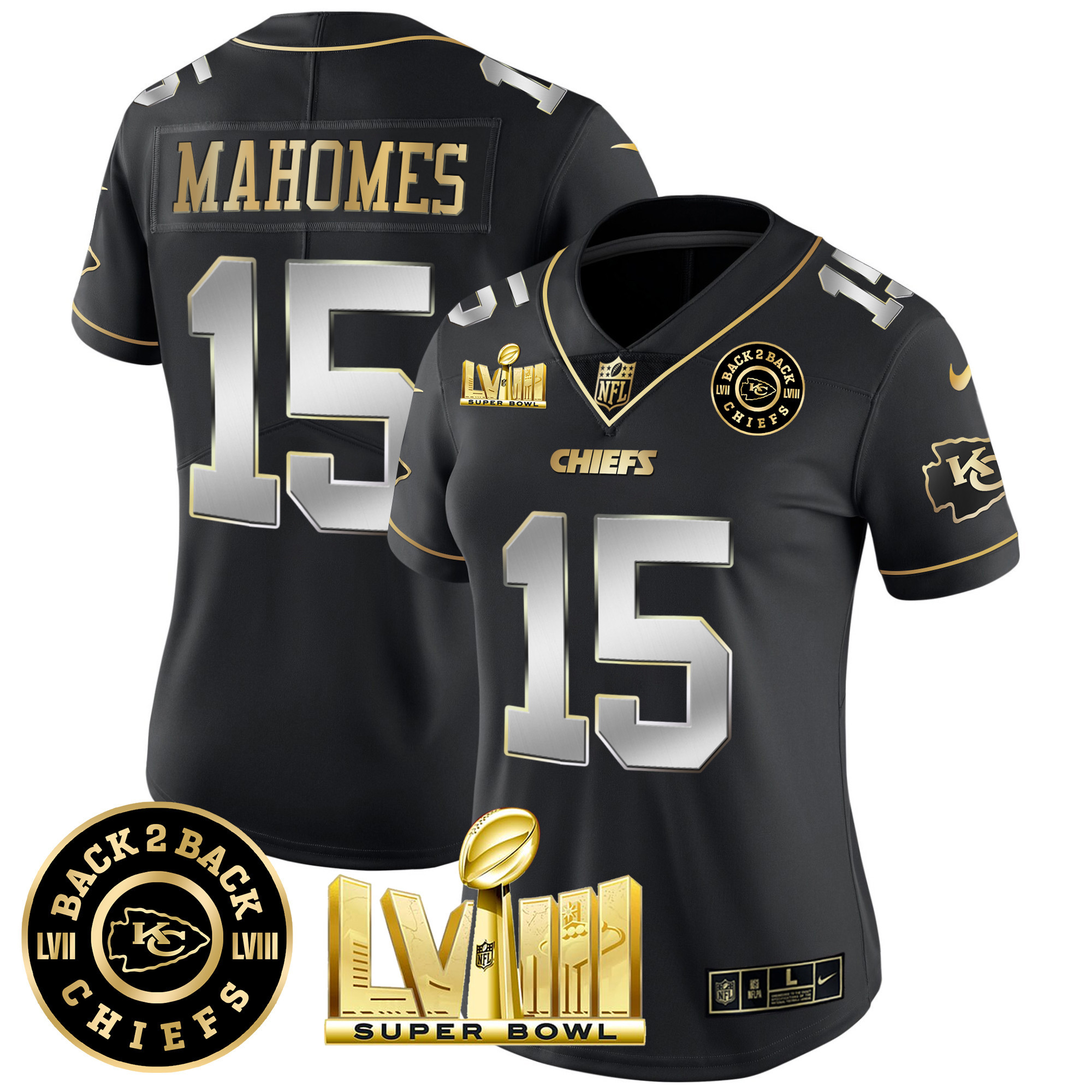Women’s Kansas City Chiefs Super Bowl LVIII & Back 2 Back Patch Vapor Jersey V4 – All Stitched