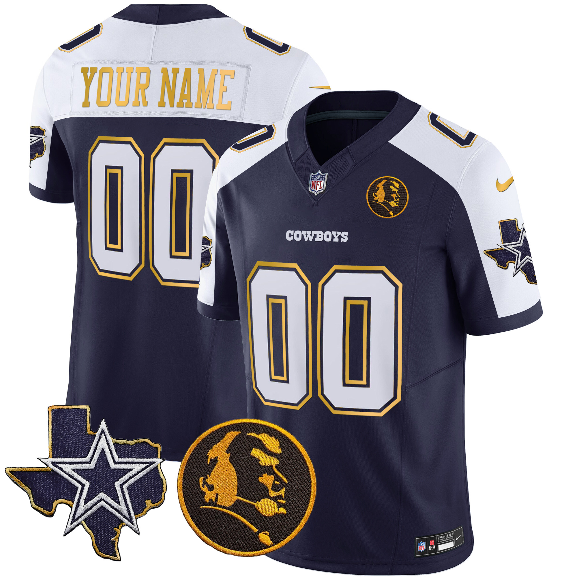Dallas Cowboys Texas & John Madden Patch Gold Trim Vapor Custom Jersey – All Stitched