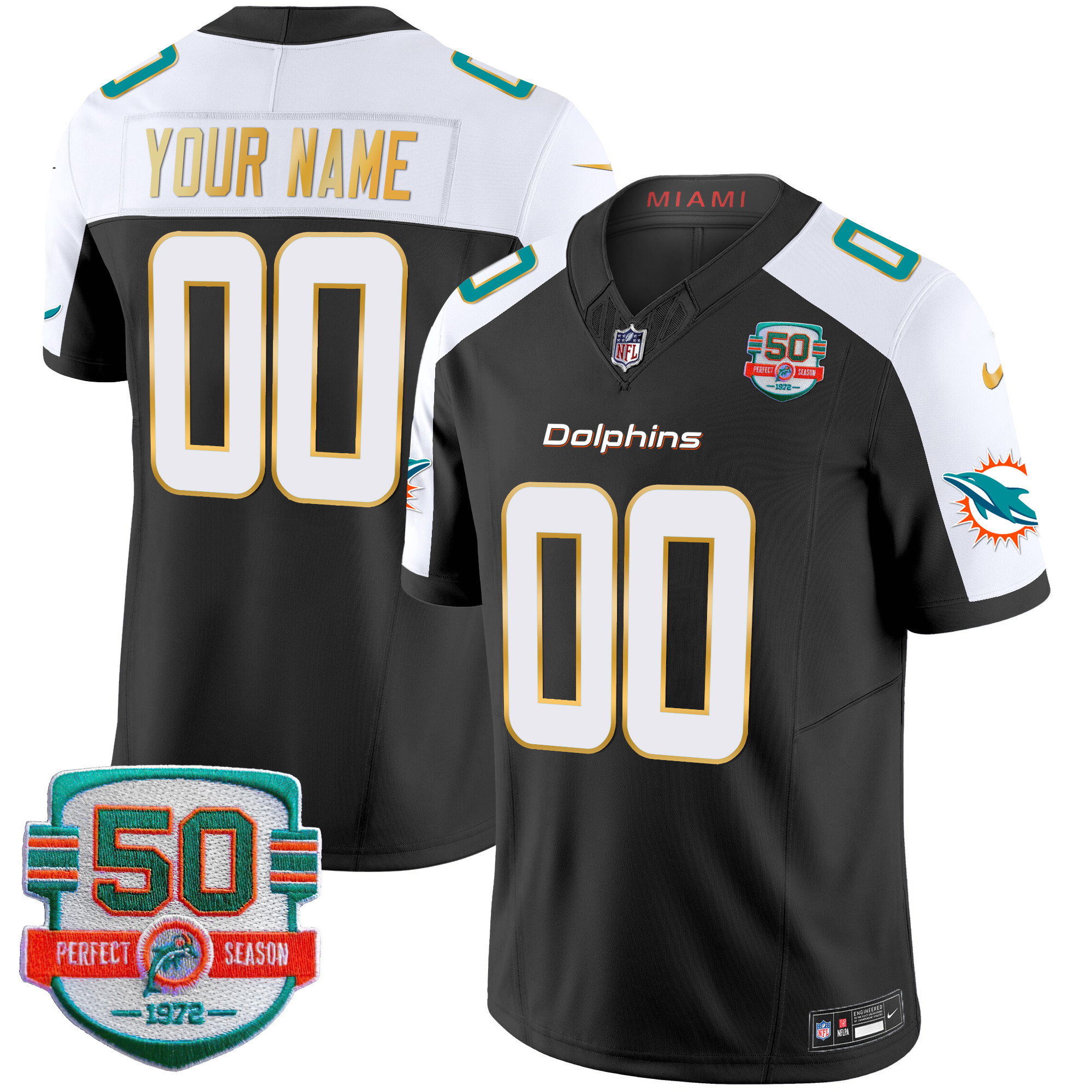 Miami Dolphins Gold Trim Vapor Limited Custom Jersey – All Stitched