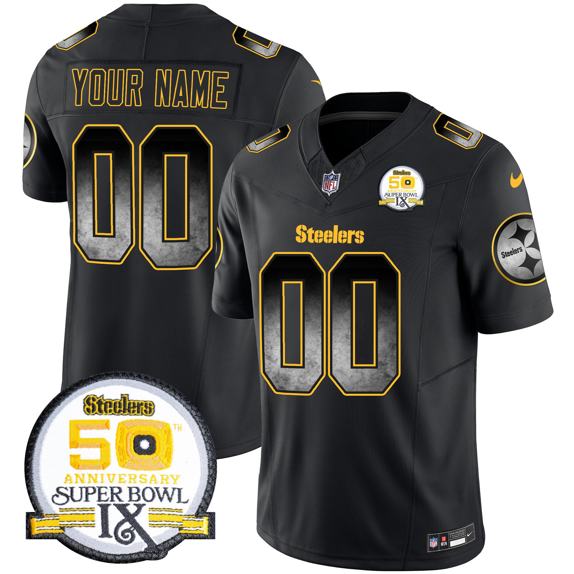 Pittsburgh Steelers Arch Smoke 50th Anniversary Of Super Bowl IX Patch Vapor Limited Custom Jersey – All Stitched