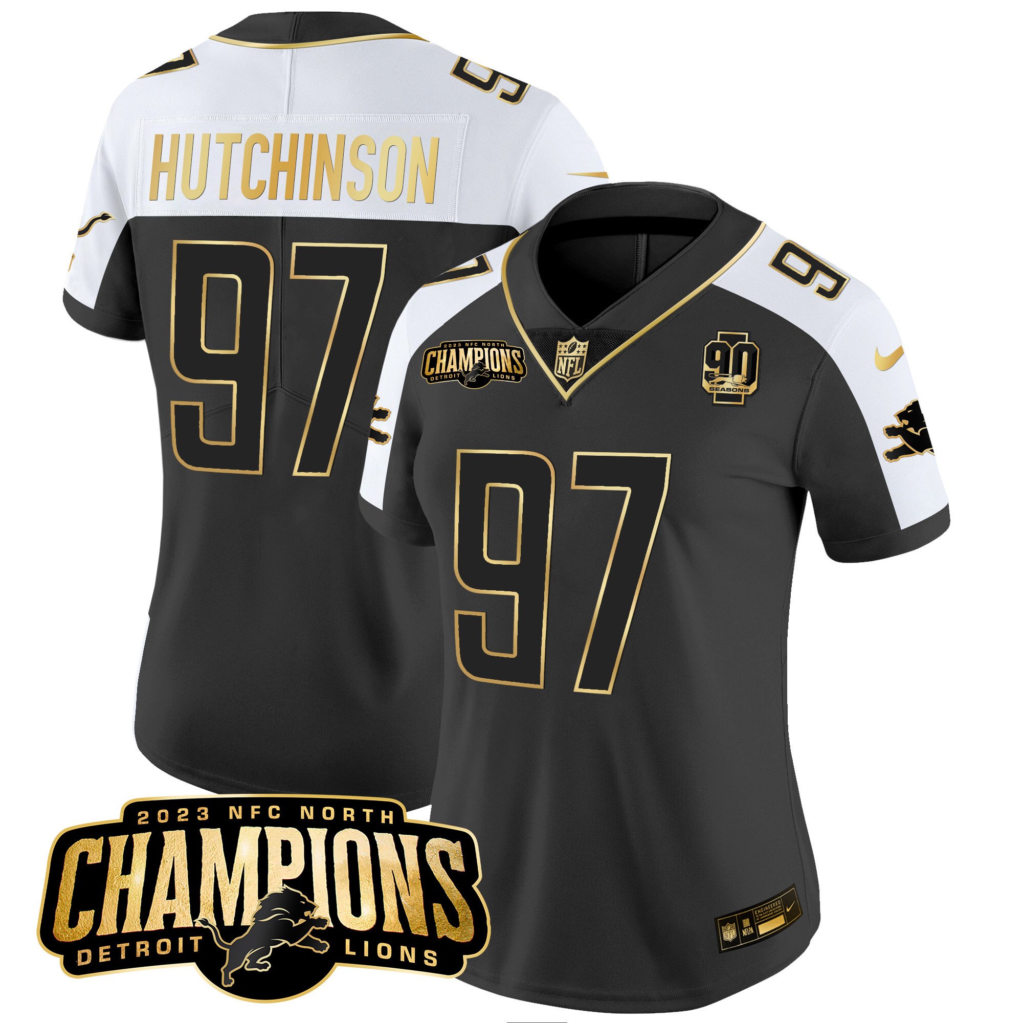 Women’s Detroit Lions 2023 NFC North Champions Patch Gold Vapor Jersey V2 – All Stitched