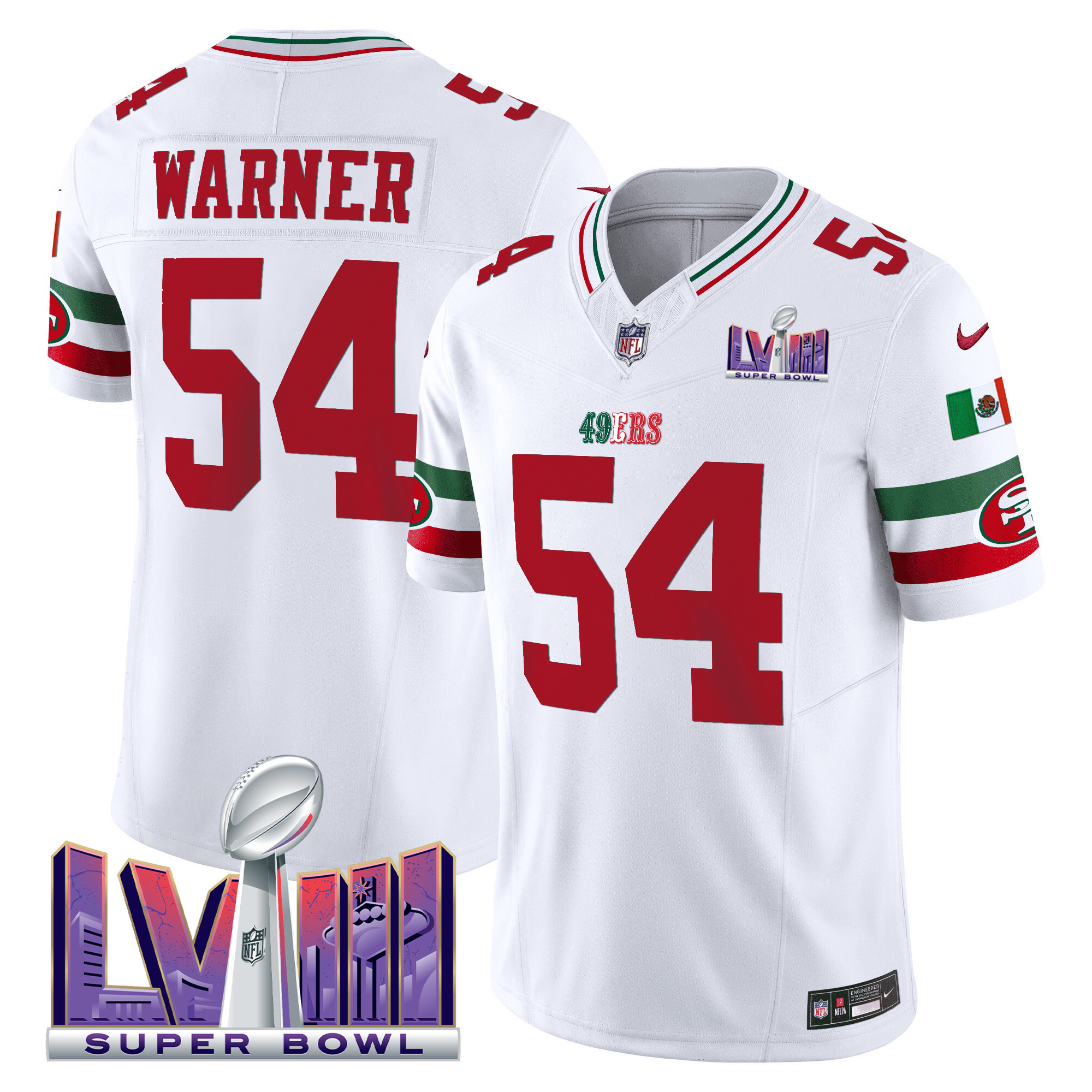 Men’s San Francisco 49ers Mexico Super Bowl LVIII Patch Vapor Jersey – All Stitched