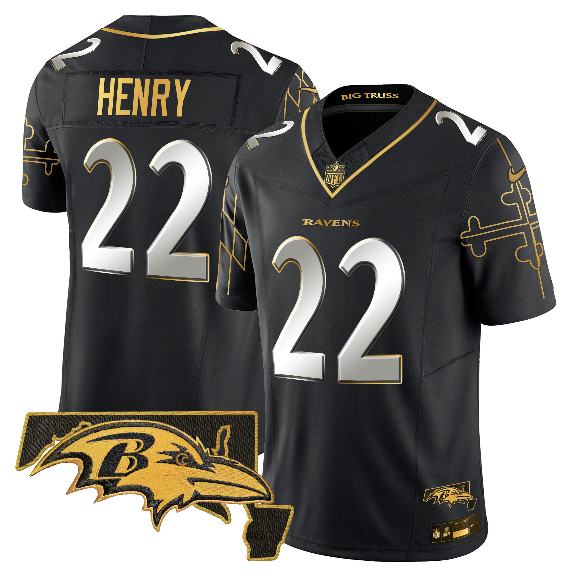 Men’s Ravens Maryland Flag Map Patch Gold Vapor Limited Jersey – All Stitched