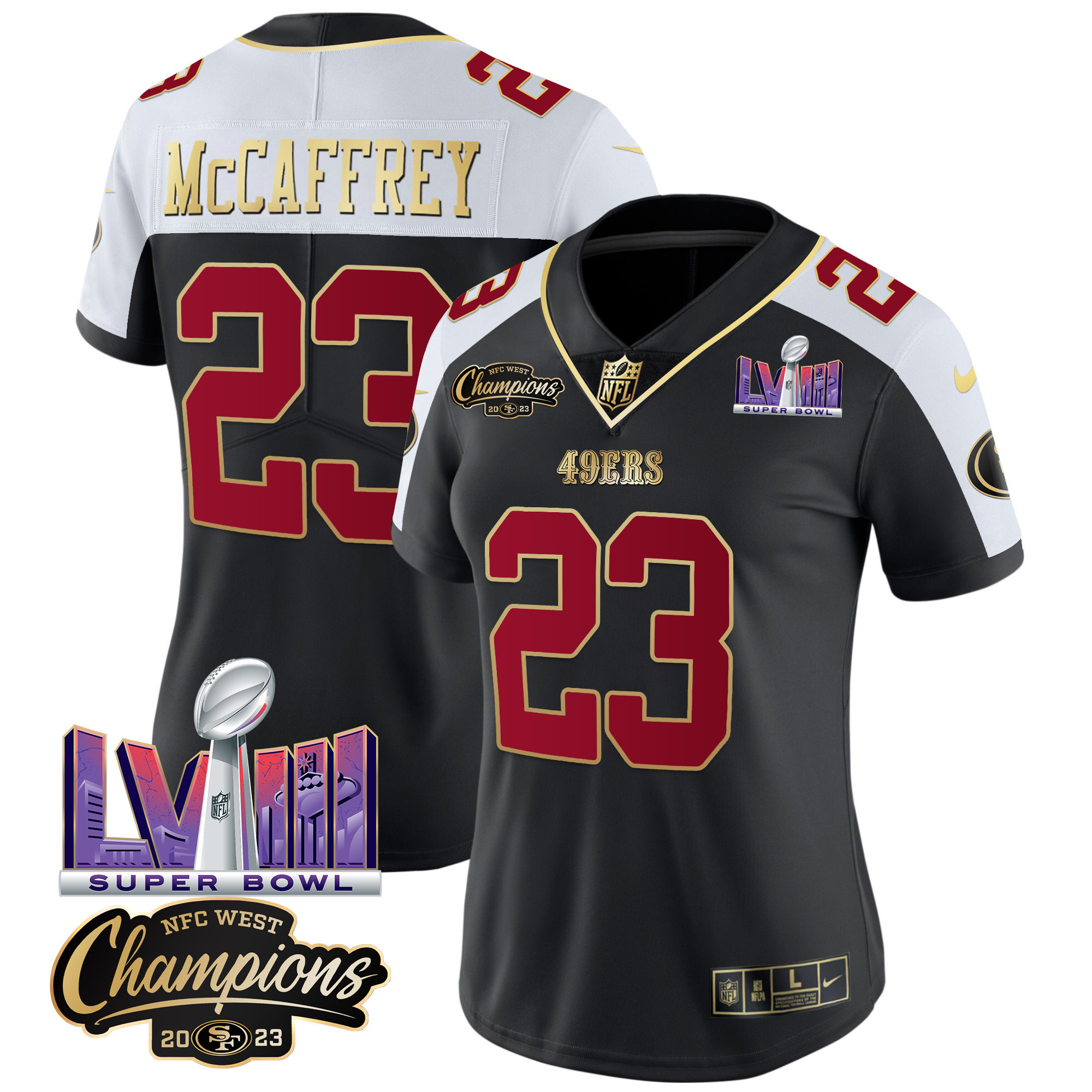 Women’s San Francisco 49ers NFC West Champions & Super Bowl LVIII Patch Vapor Jersey V2 – All Stitched