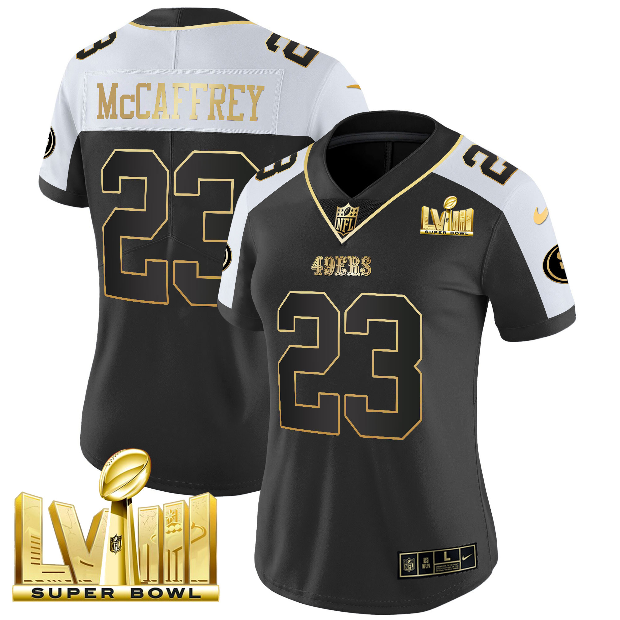 Women’s San Francisco 49ers Super Bowl LVIII Gold Patch Vapor Jersey V2 – All Stitched