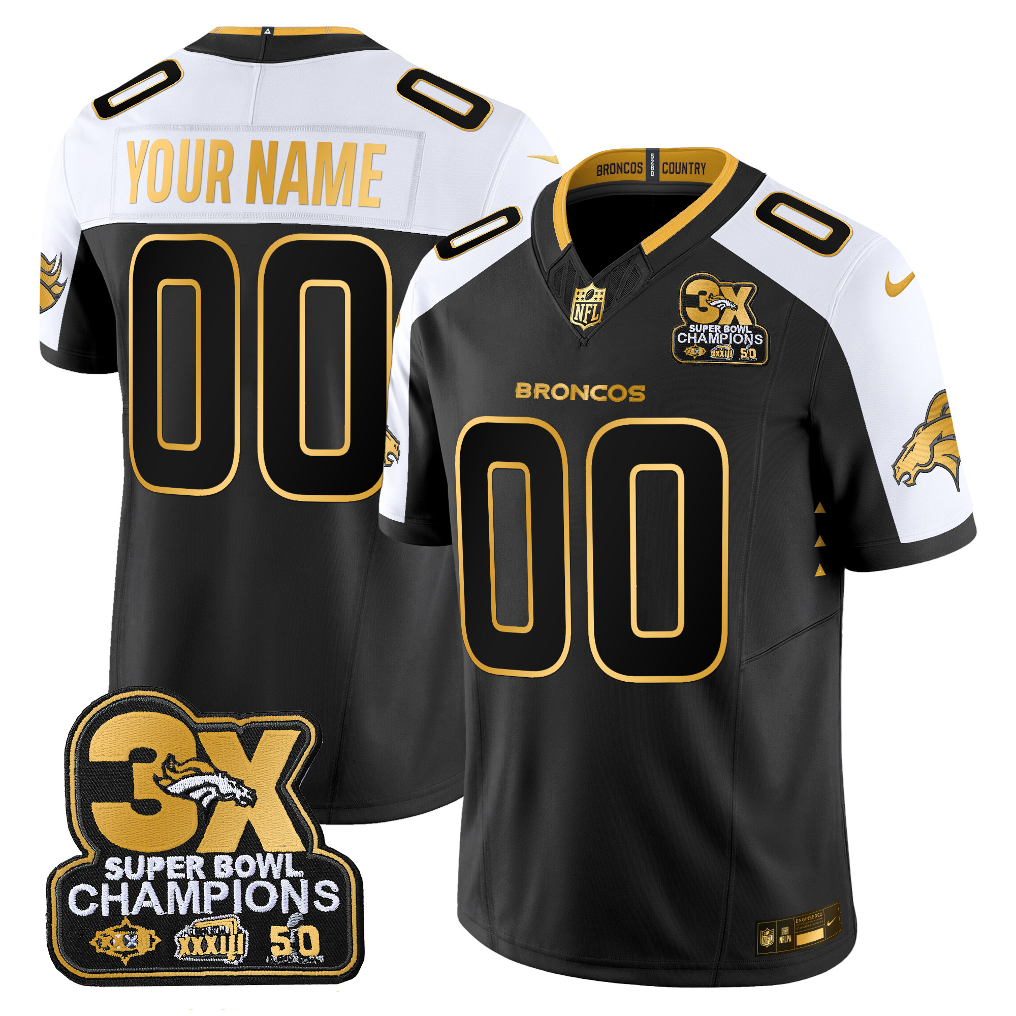 Denver Broncos 3-Time Champions Patch Gold Vapor Limited Custom Jersey – All Stitched