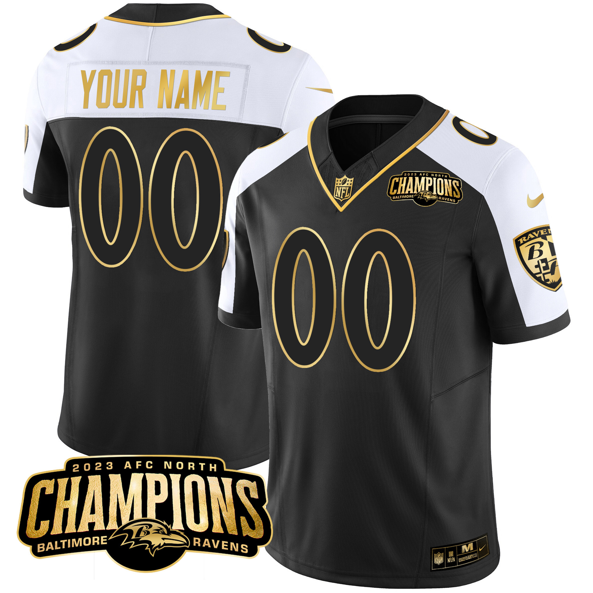 Baltimore Ravens 2023 AFC North Champions Patch Gold Vapor Custom Jersey – All Stitched