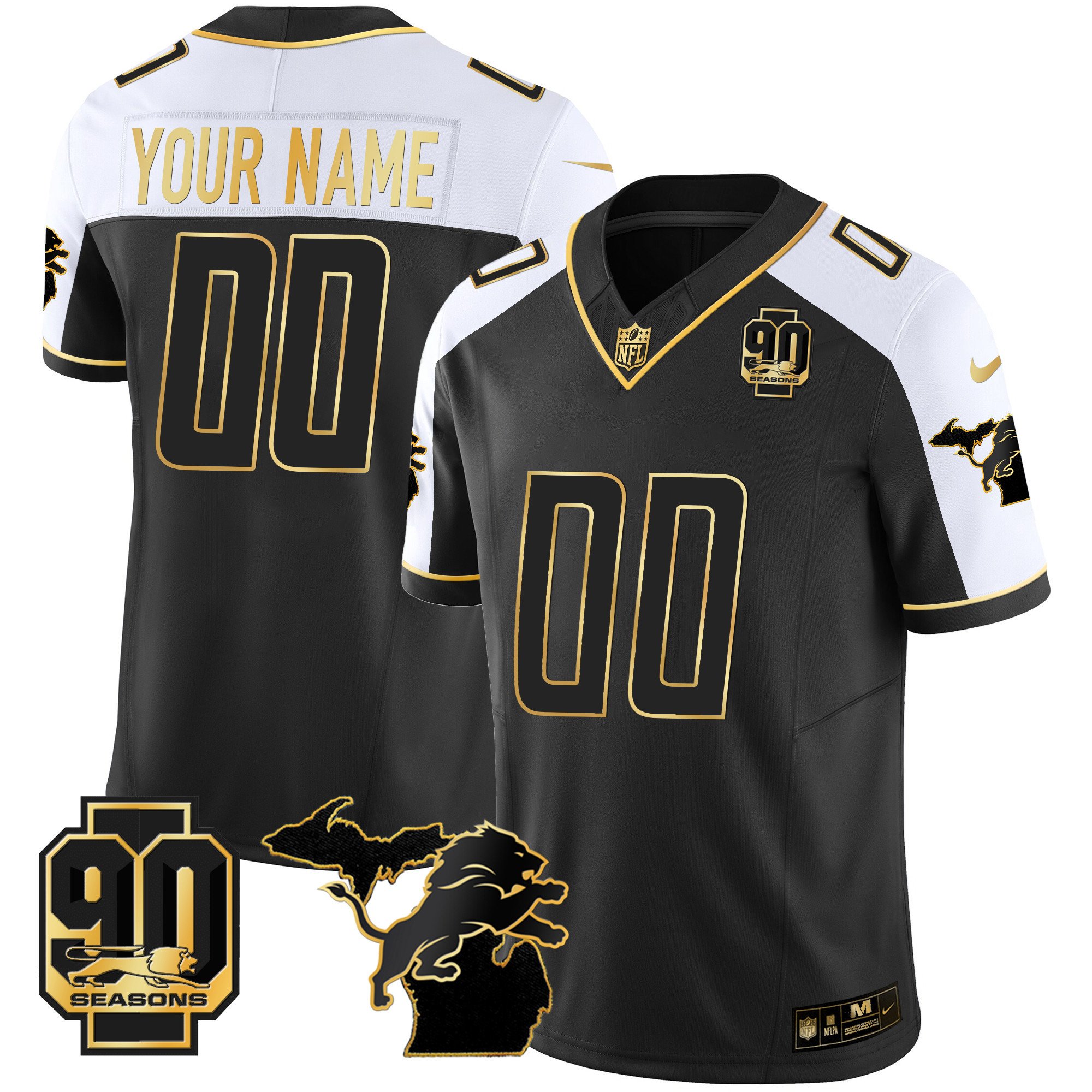 Detroit Lions 90th Year & Michigan Patch Gold Vapor Custom Jersey – All Stitched