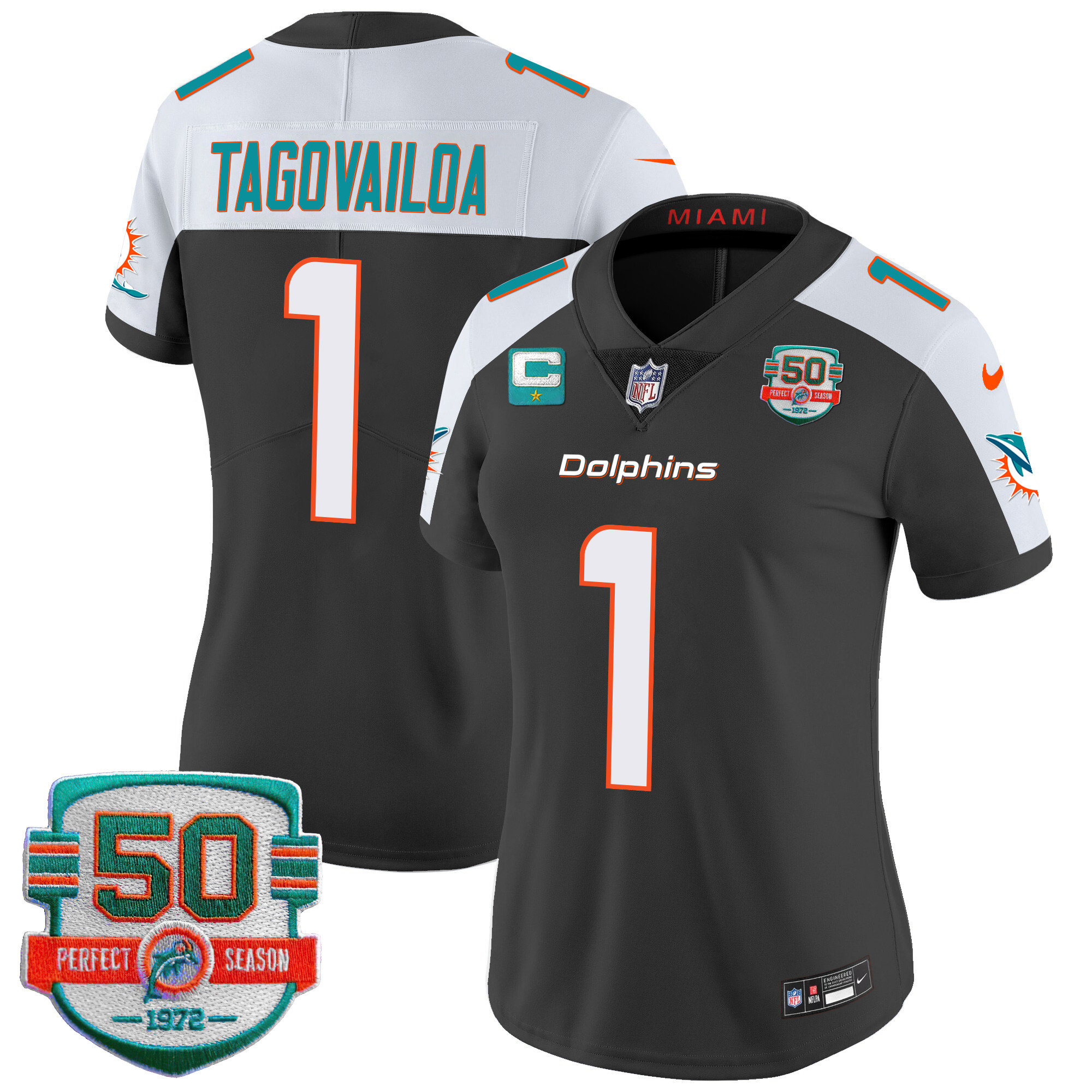 Women’s Miami Dolphins 50th 1972 Perfect Season Patch Vapor Jersey – All Stitched