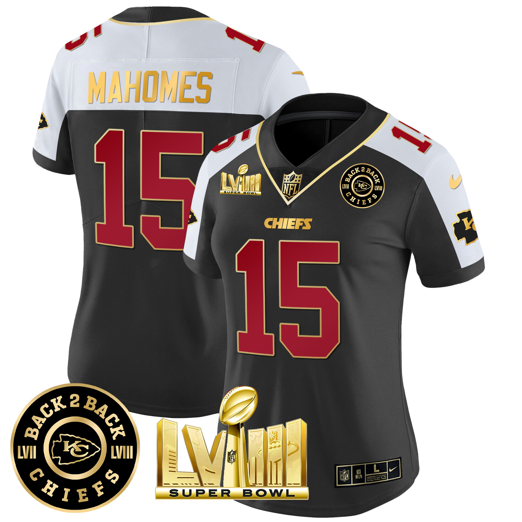 Women’s Kansas City Chiefs Super Bowl LVIII & Back 2 Back Patch Vapor Jersey V3 – All Stitched