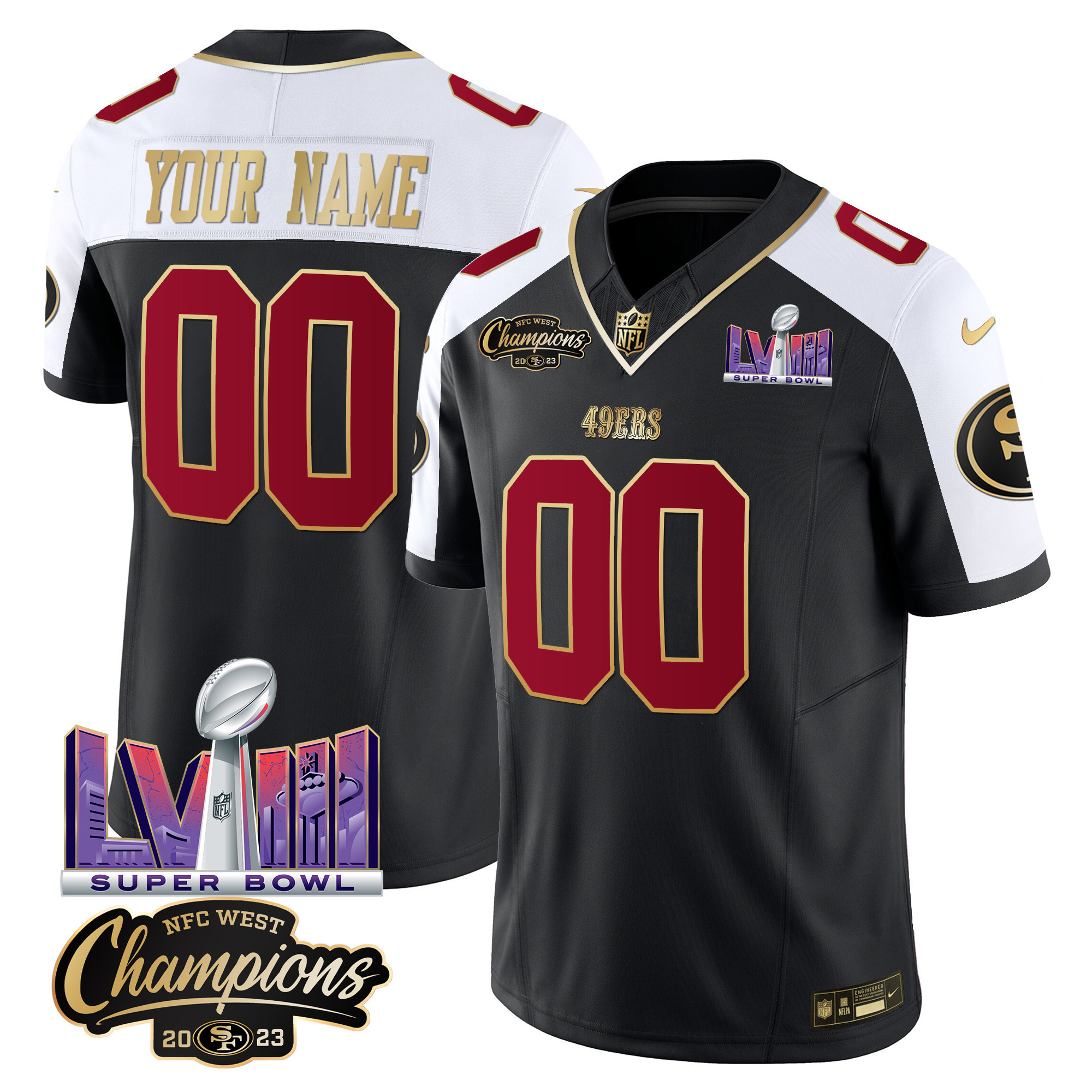 San Francisco 49ers NFC West Champions & Super Bowl LVIII Patch Vapor Custom Jersey V2 – All Stitched