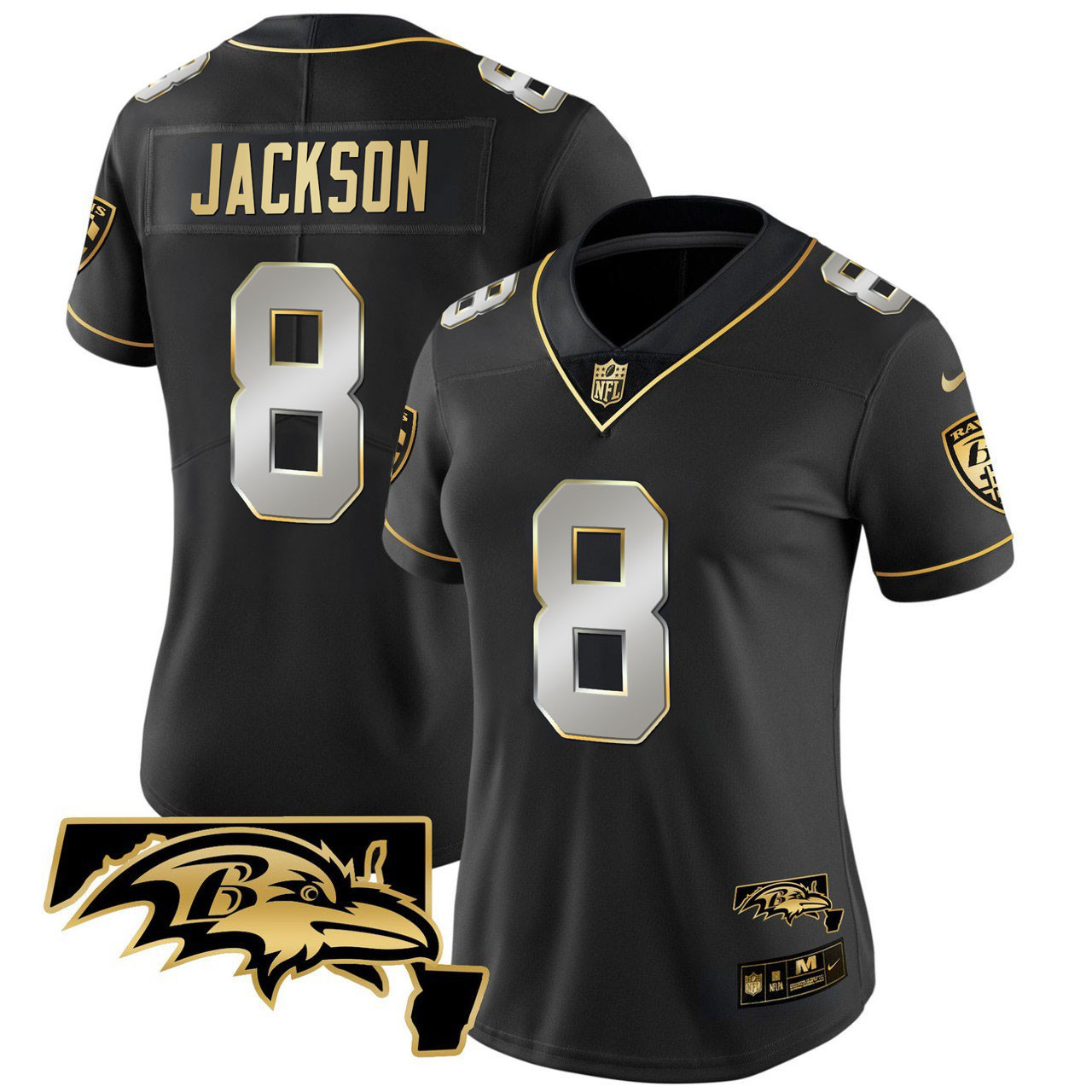 Women’s Lamar Jackson Baltimore Ravens Maryland Patch Vapor Limited Jersey – All Stitched – Black Gold