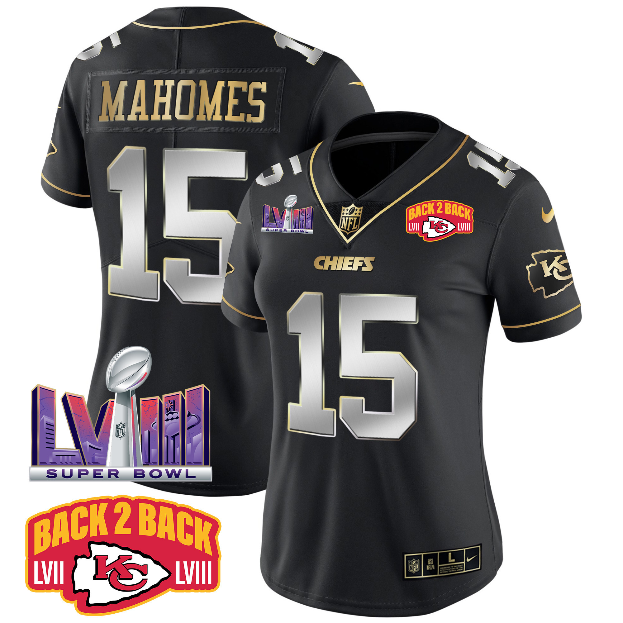 Women’s Kansas City Chiefs Super Bowl LVIII & Back 2 Back Patch Vapor Jersey V2 – All Stitched
