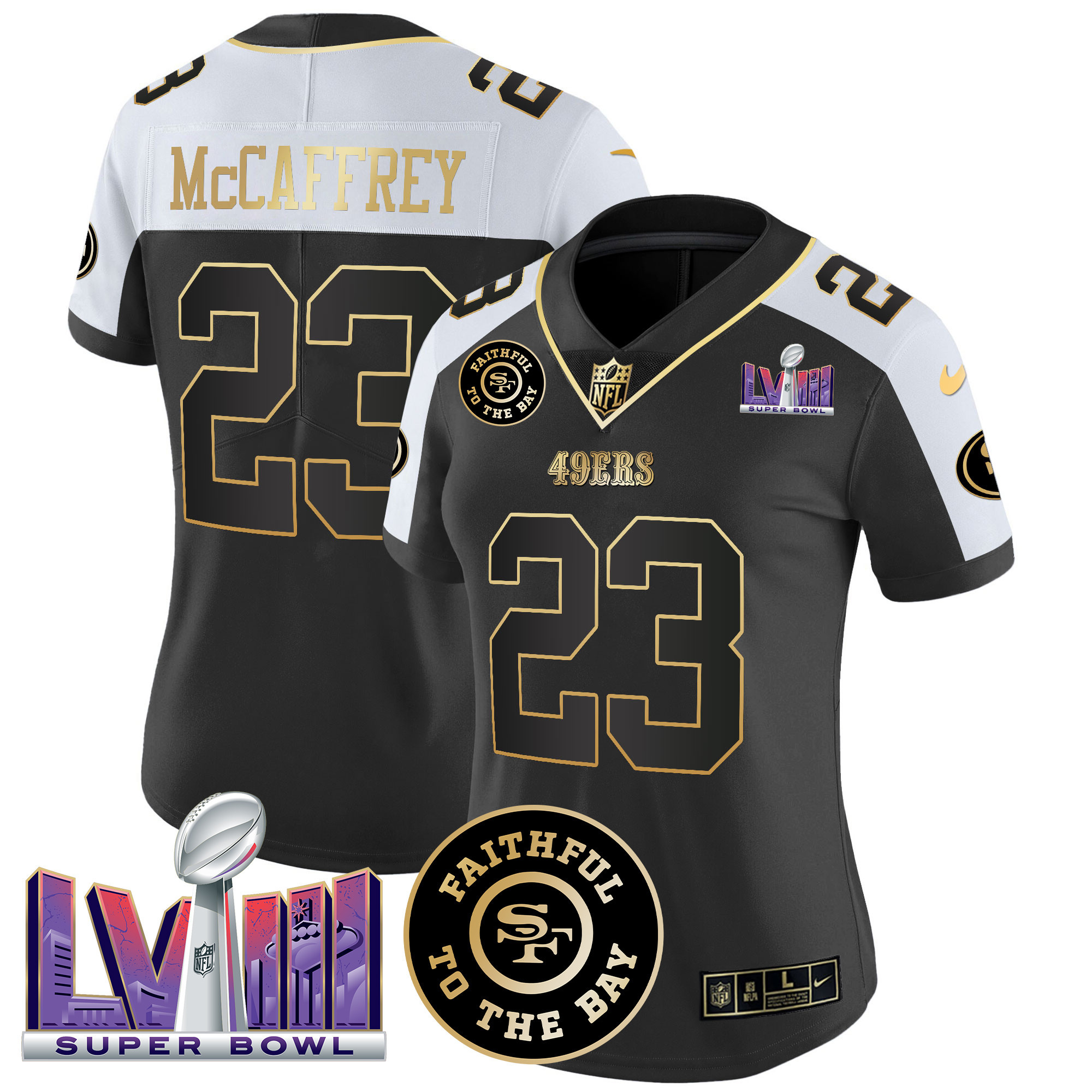 Women’s San Francisco 49ers Faithful & Super Bowl LVIII Patch Vapor Jersey V2 – All Stitched
