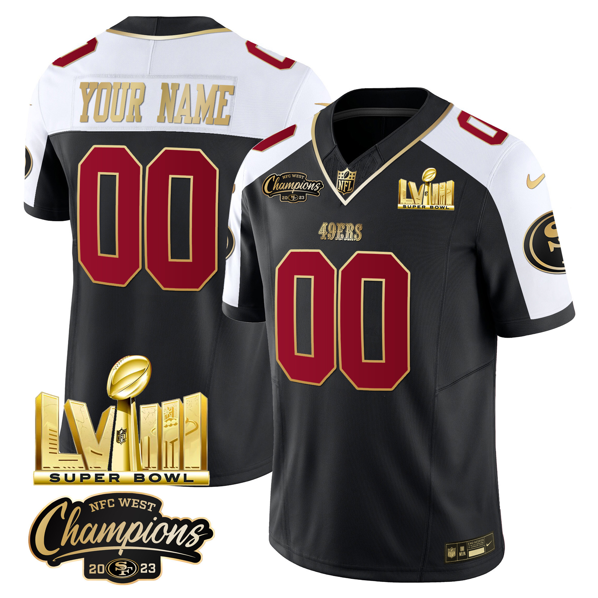 San Francisco 49ers NFC West Champions & Super Bowl LVIII Gold Patch Vapor Custom Jersey V2 – All Stitched