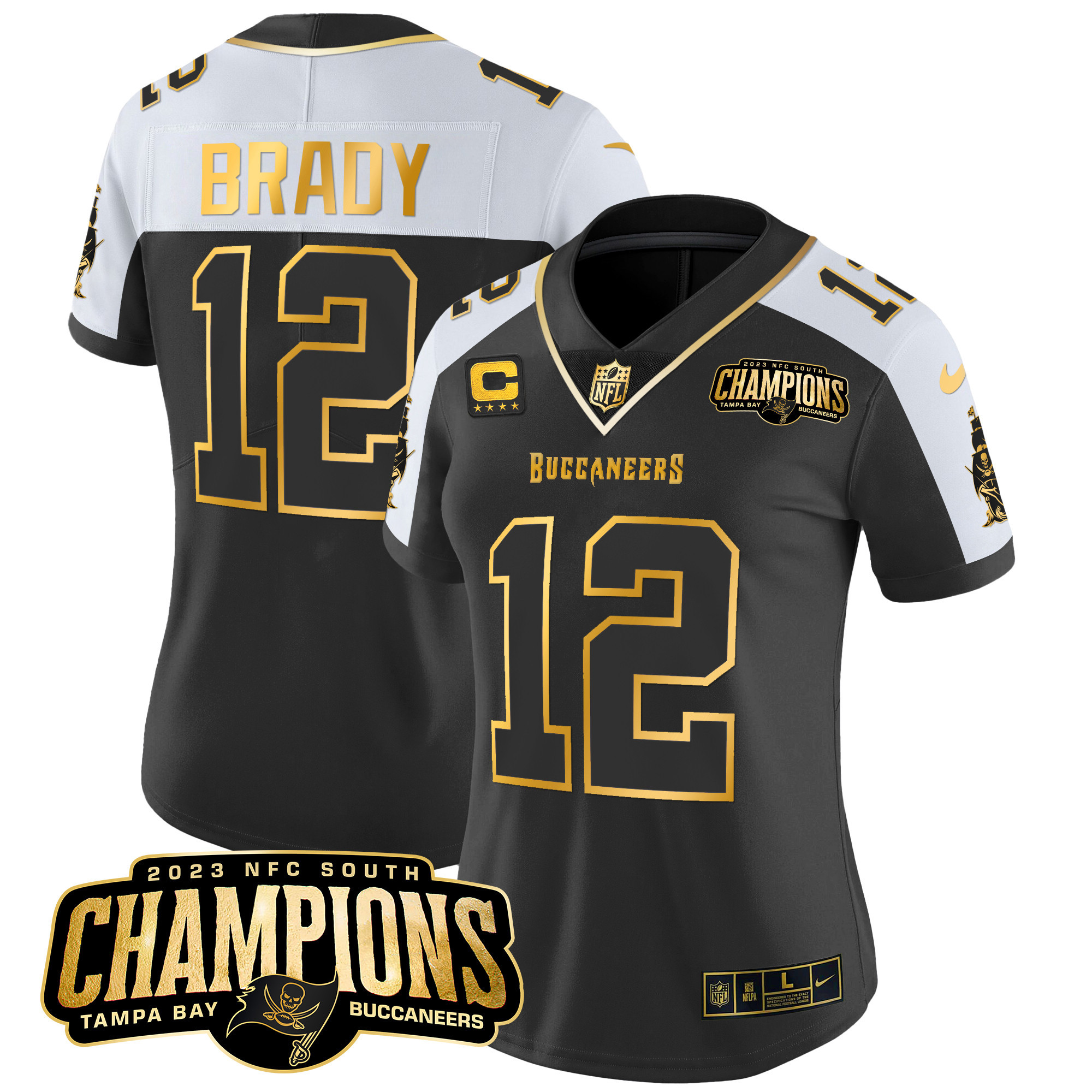 Women’s Tampa Bay Buccaneers 2023 NFC South Champions Patch Gold Vapor Jersey – All Stitched