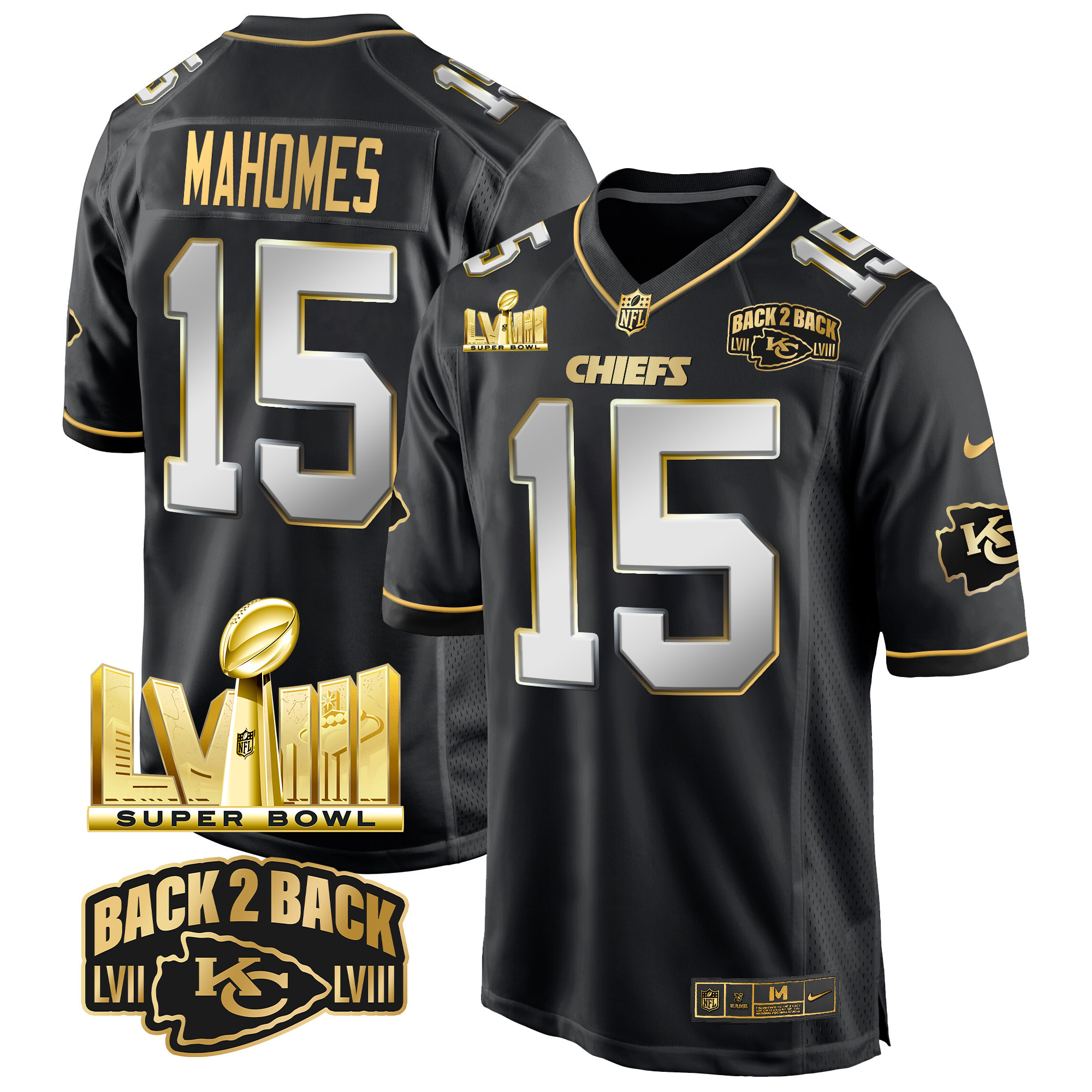 Men’s Kansas City Chiefs Super Bowl LVIII & Back 2 Back Gold Game Jersey – All Stitched