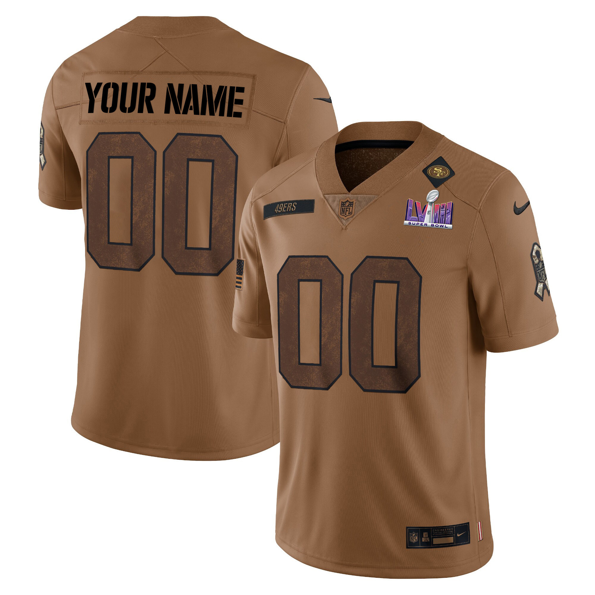 San Francisco 49ers Super Bowl LVIII Patch Salute To Service Brown Limited Custom Jersey – All Stitched