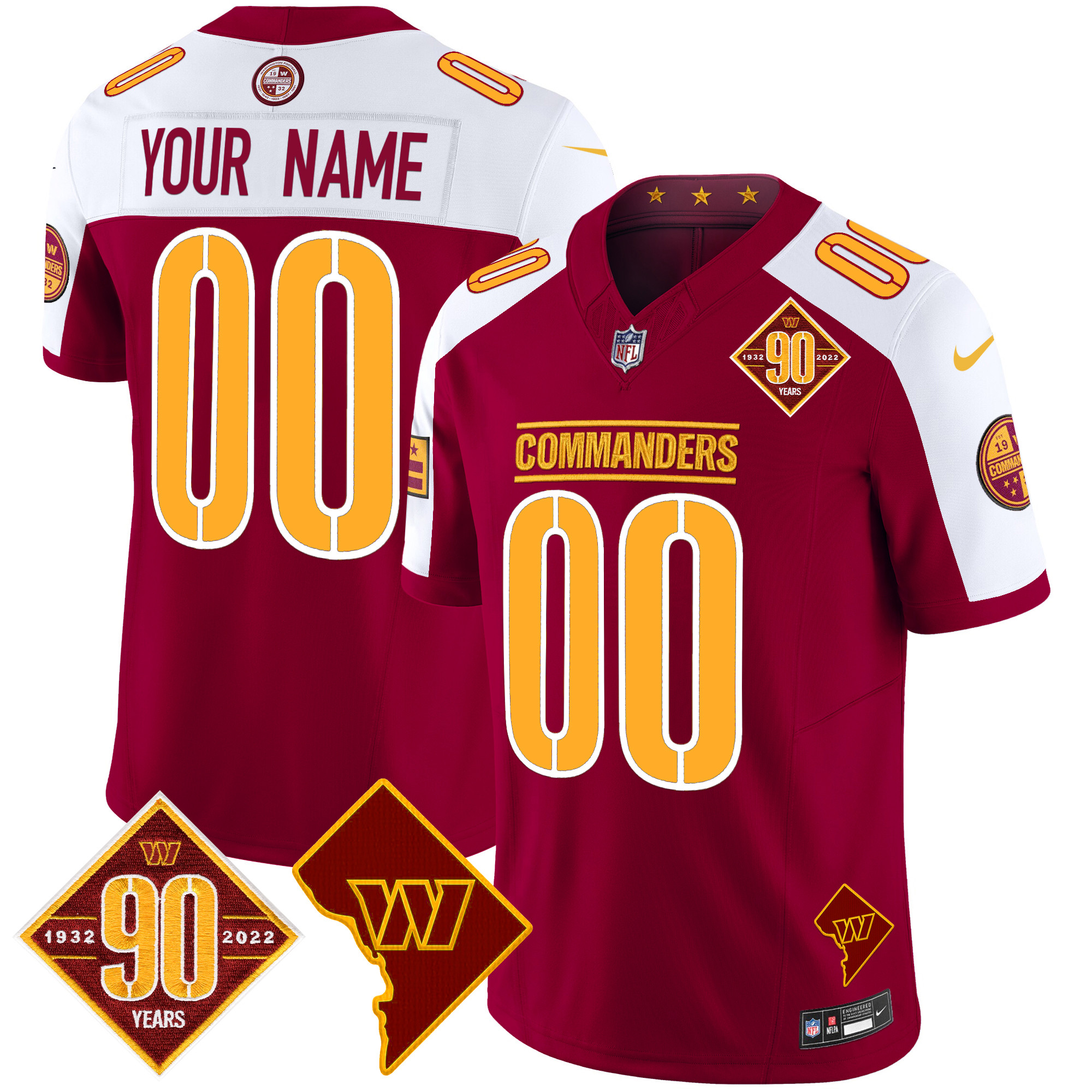 Washington Commanders 90th Anniversary & Home Patch Vapor Limited Custom Jersey – All Stitched