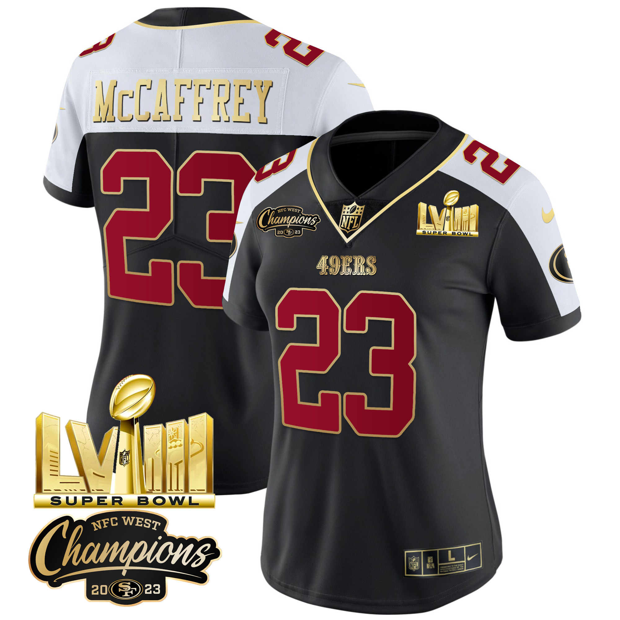 Women’s San Francisco 49ers NFC West Champions & Super Bowl LVIII Gold Patch Vapor Jersey V2 – All Stitched