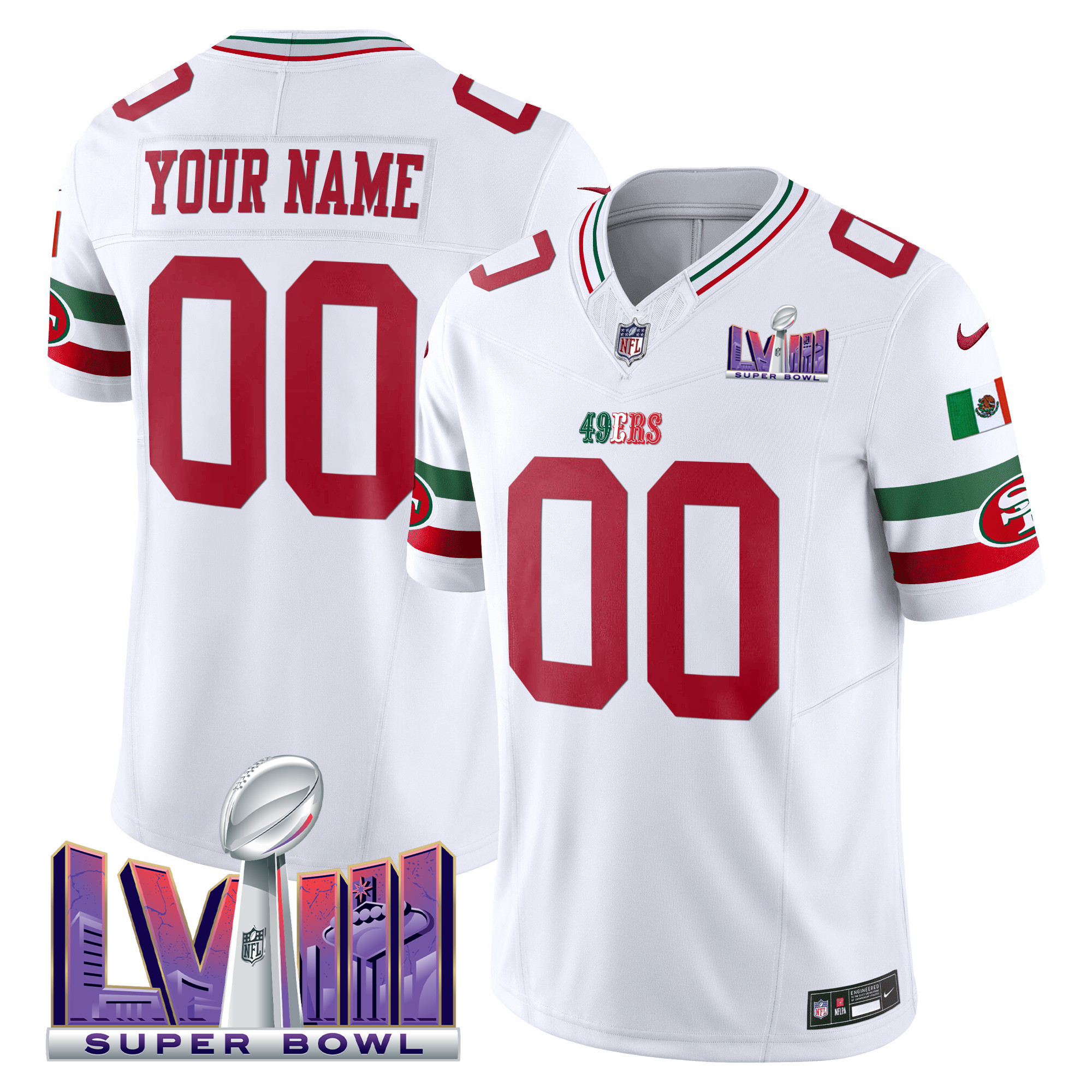 San Francisco 49ers Mexico Super Bowl LVIII Patch Vapor Custom Jersey – All Stitched