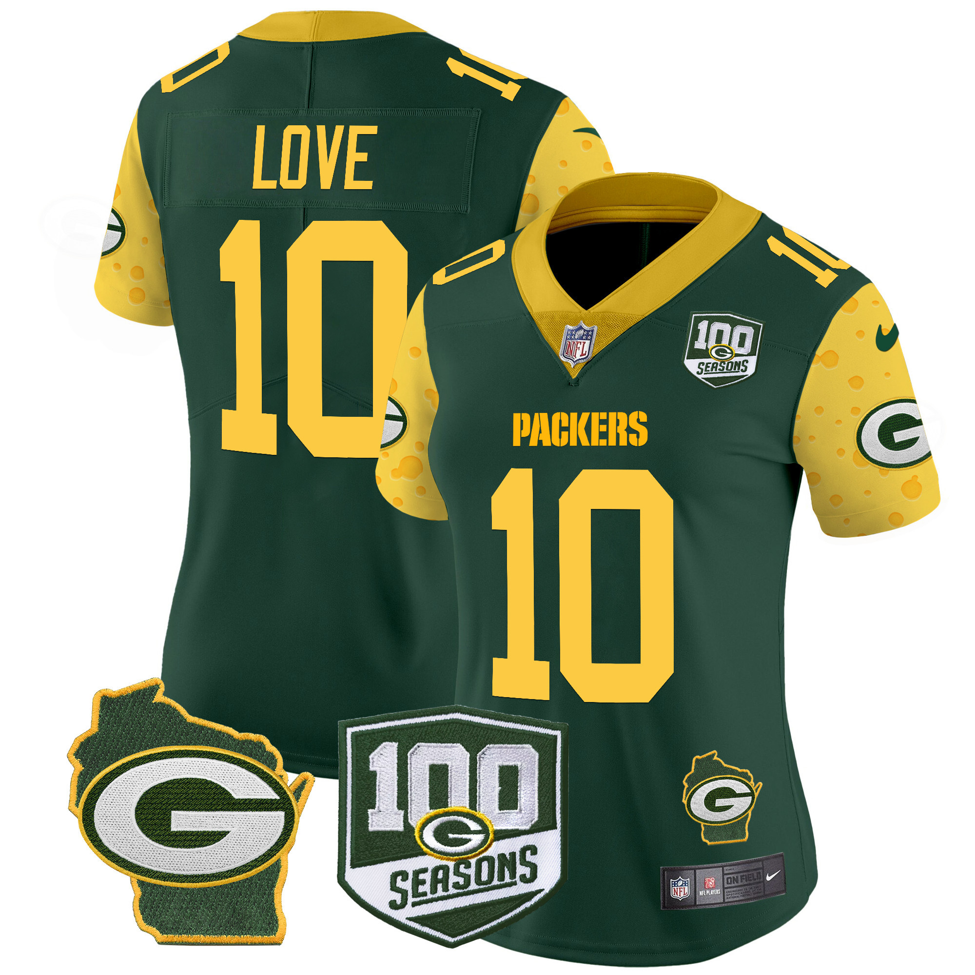 Women’s Green Bay Packers 100th Season & Home Patch Cheese Vapor Limited Jersey – All Stitched