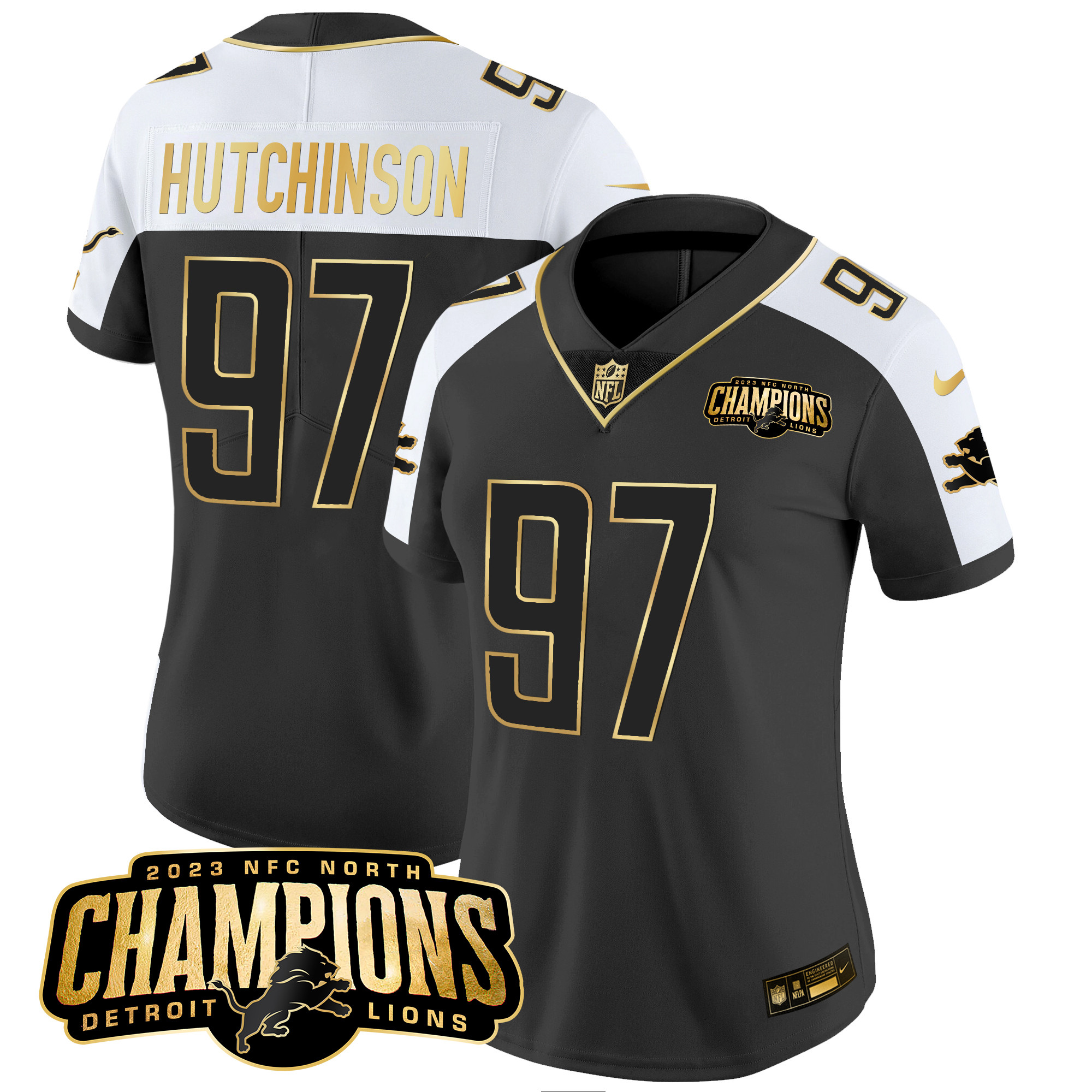 Women’s Detroit Lions 2023 NFC North Champions Patch Gold Vapor Jersey – All Stitched