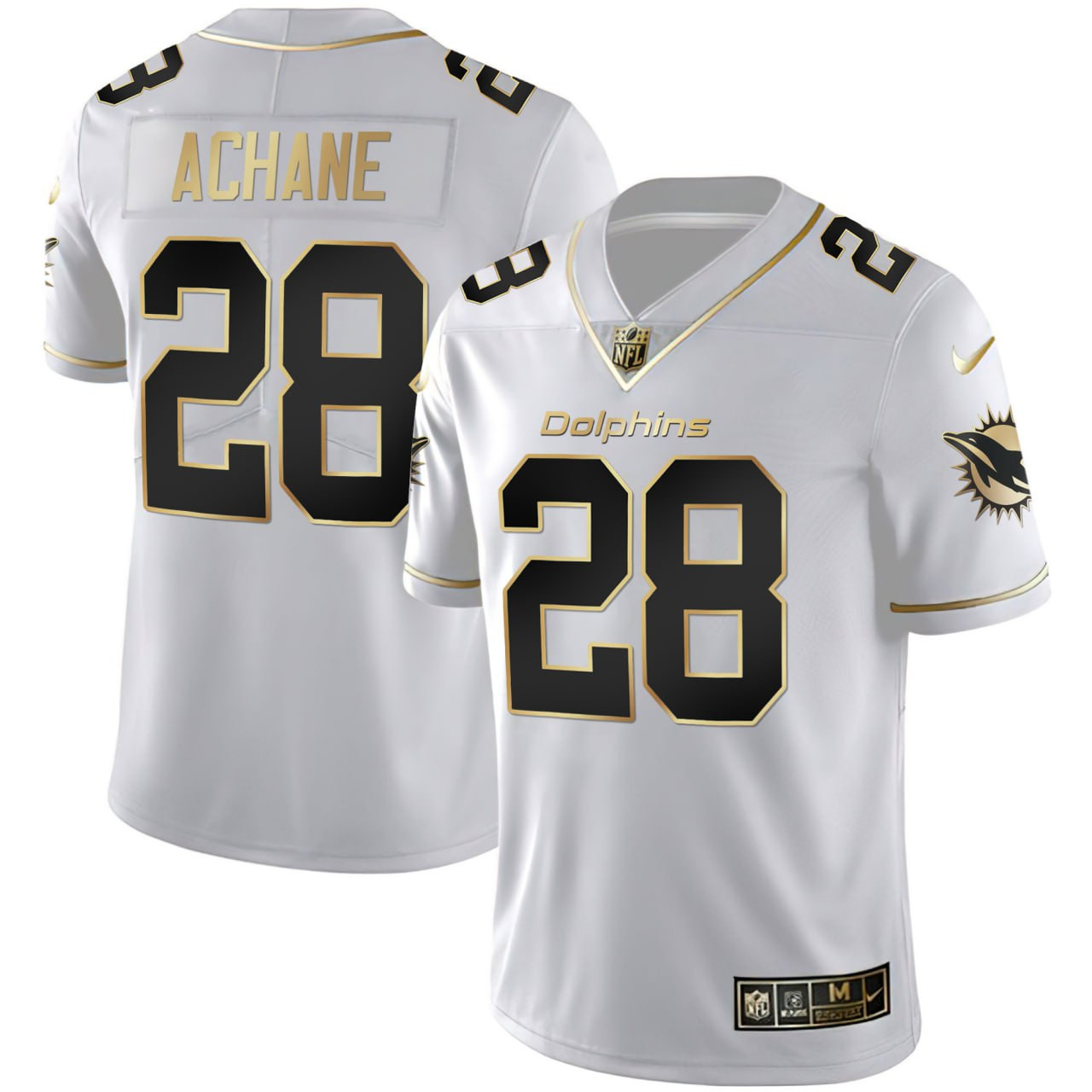 Men’s De’Von Achane #28 Miami Dolphins White Gold Jersey – All Stitched