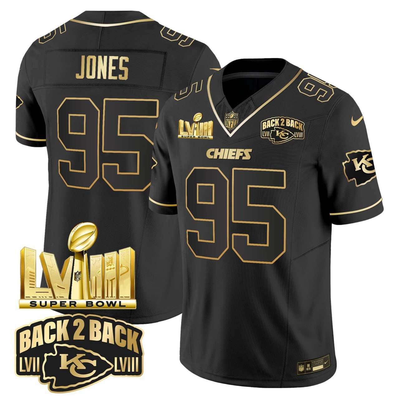 Chris Jones Kansas City Chiefs Super Bowl LVIII & Back 2 Back Gold Patch Black Gold Vapor Jersey V2 – All Stitched