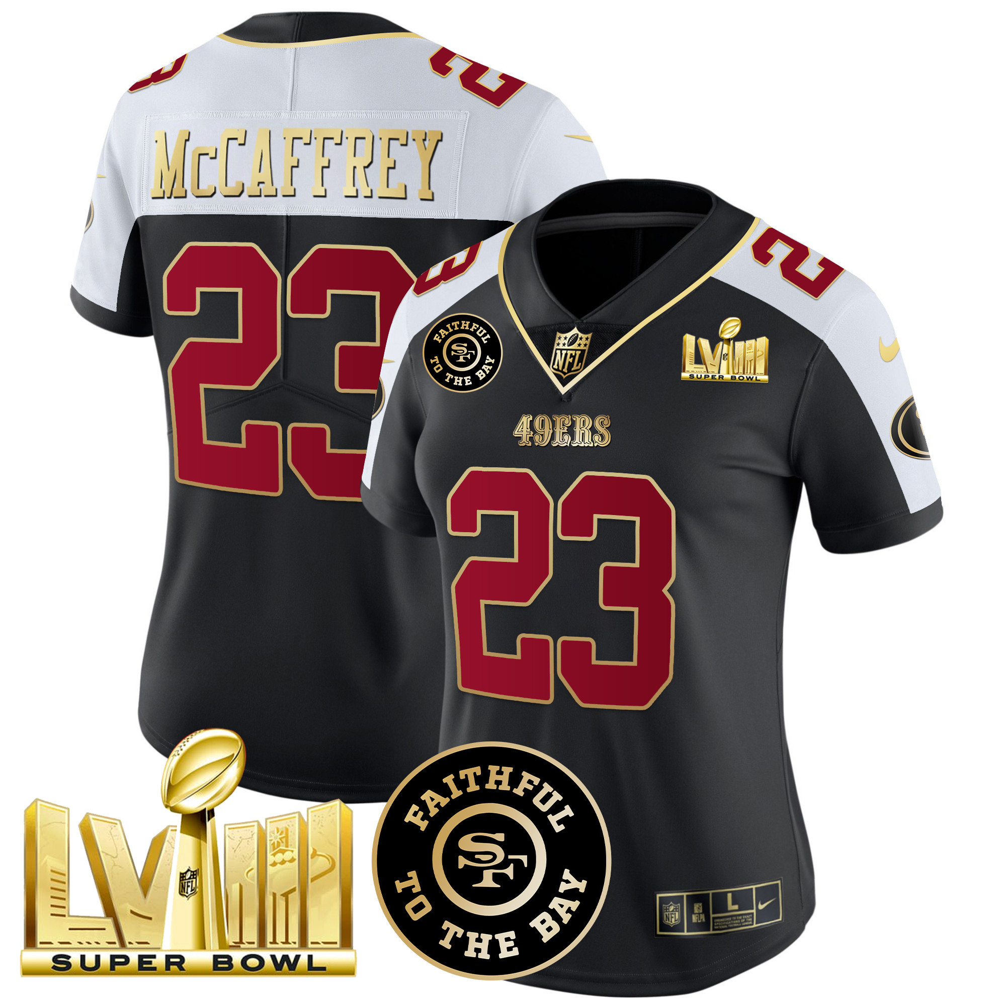 Women’s San Francisco 49ers Faithful & Super Bowl LVIII Gold Patch Vapor Jersey – All Stitched