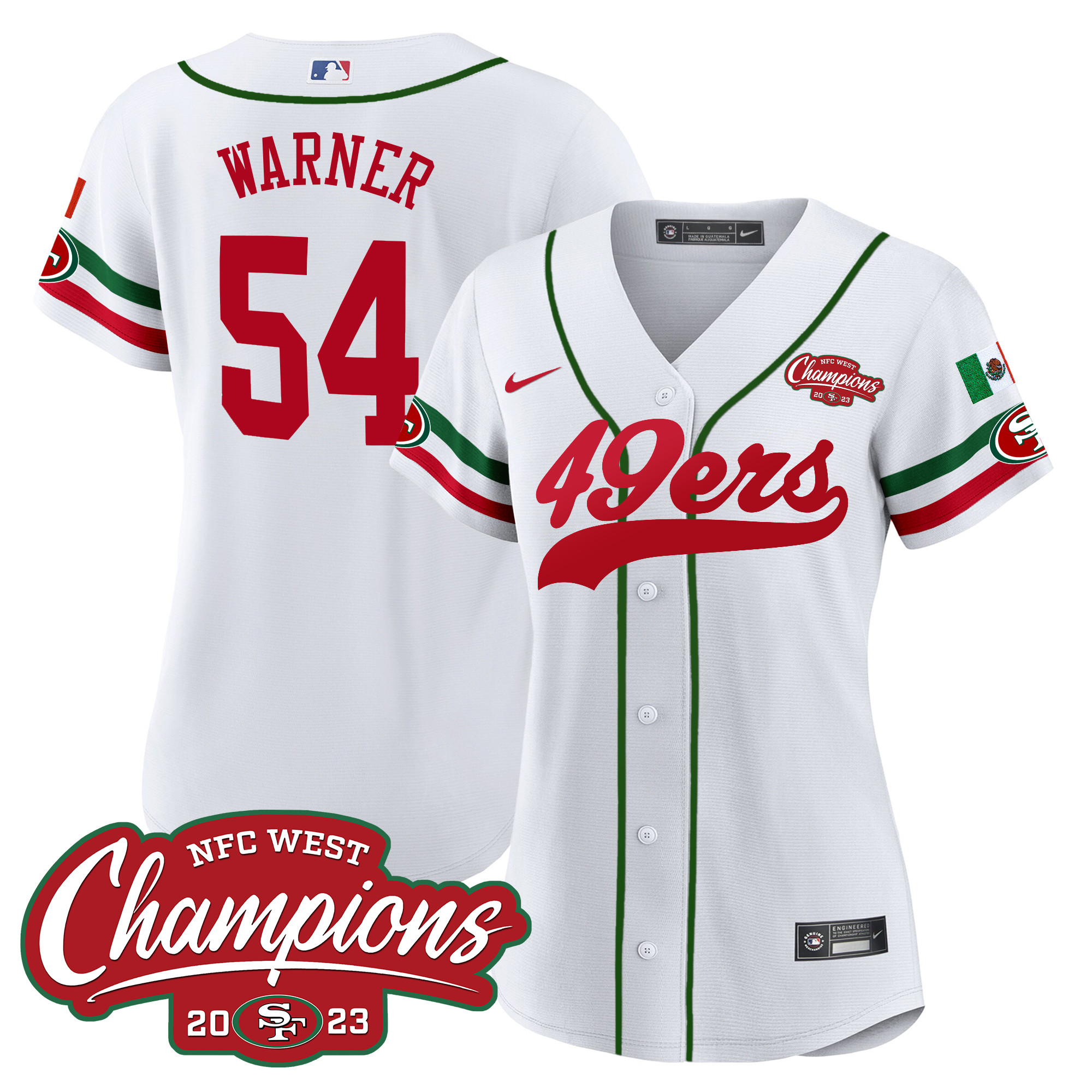 Women’s San Francisco 49ers Mexico 2023 NFC West Champions Baseball Jersey – All Stitched