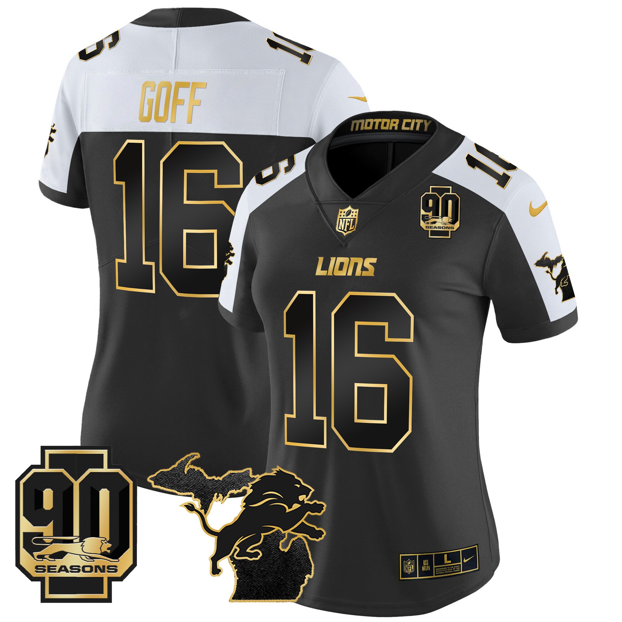 Women’s Detroit Lions 2024 Michigan & 90th Year Patch Gold Vapor Limited Jersey – All Stitched