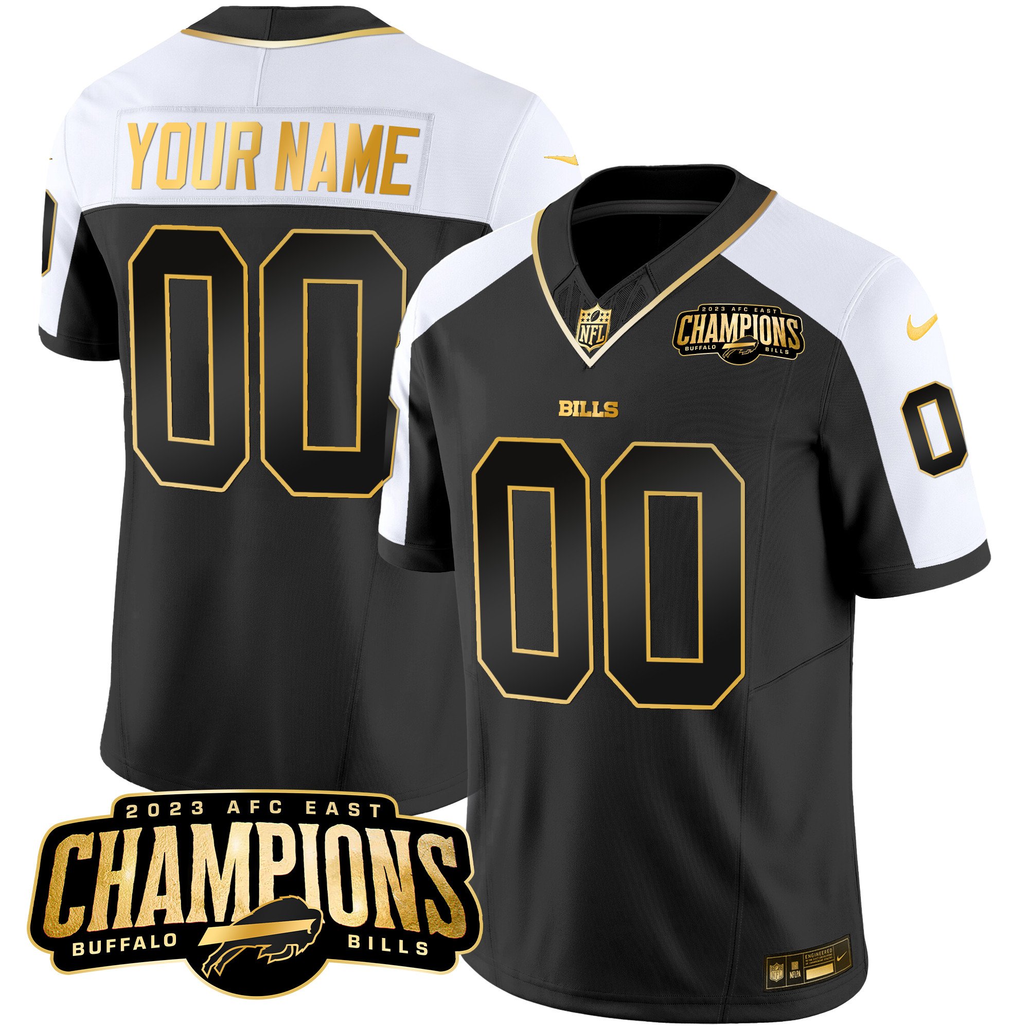 Buffalo Bills 2023 AFC East Champions Patch Gold Vapor Custom Jersey – All Stitched
