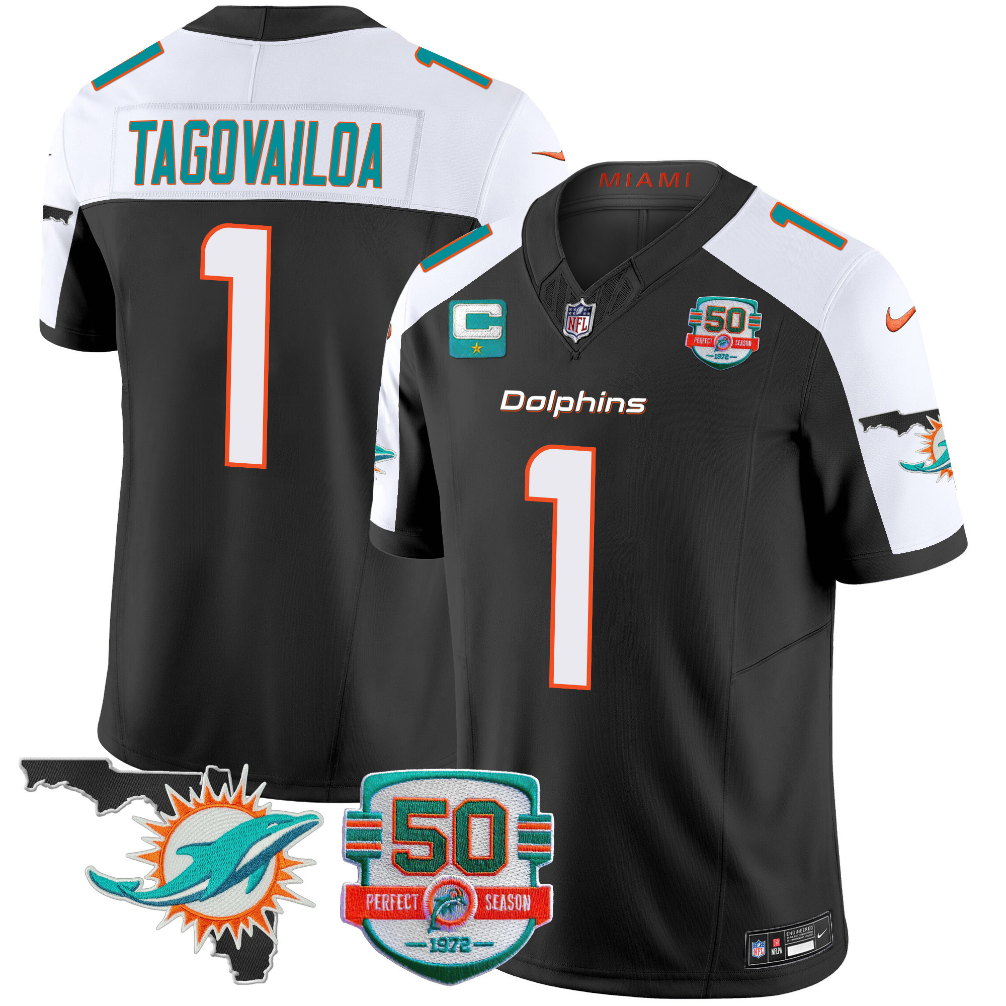 Men’s Miami Dolphins 50th Perfect Season & Florida Patch Vapor Jersey – All Stitched