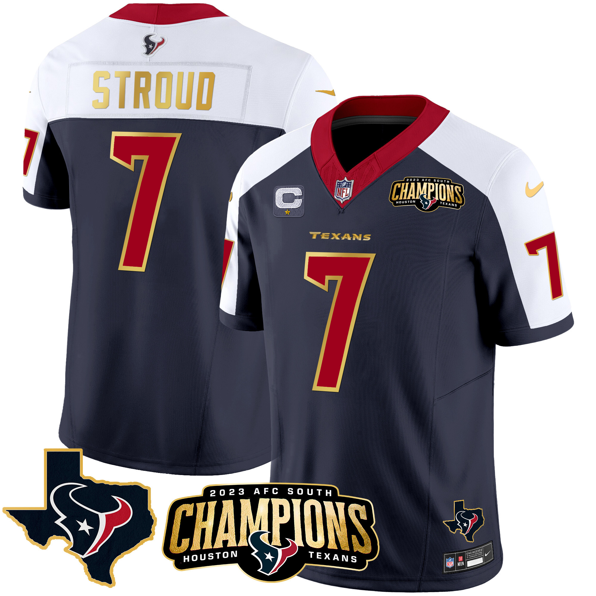 Men’s Houston Texans 2023 AFC South Champions Patch Gold Trim Vapor Jersey – All Stitched