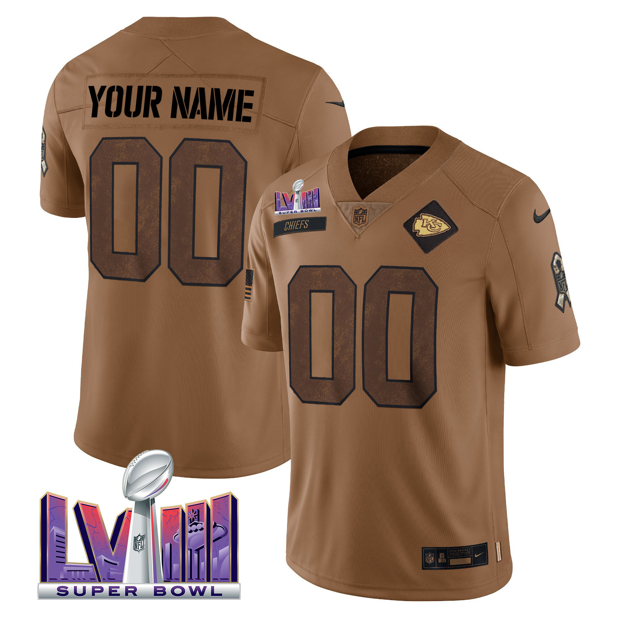Kansas City Chiefs Super Bowl LVIII Patch Salute To Service Brown Limited Custom Jersey – All Stitched