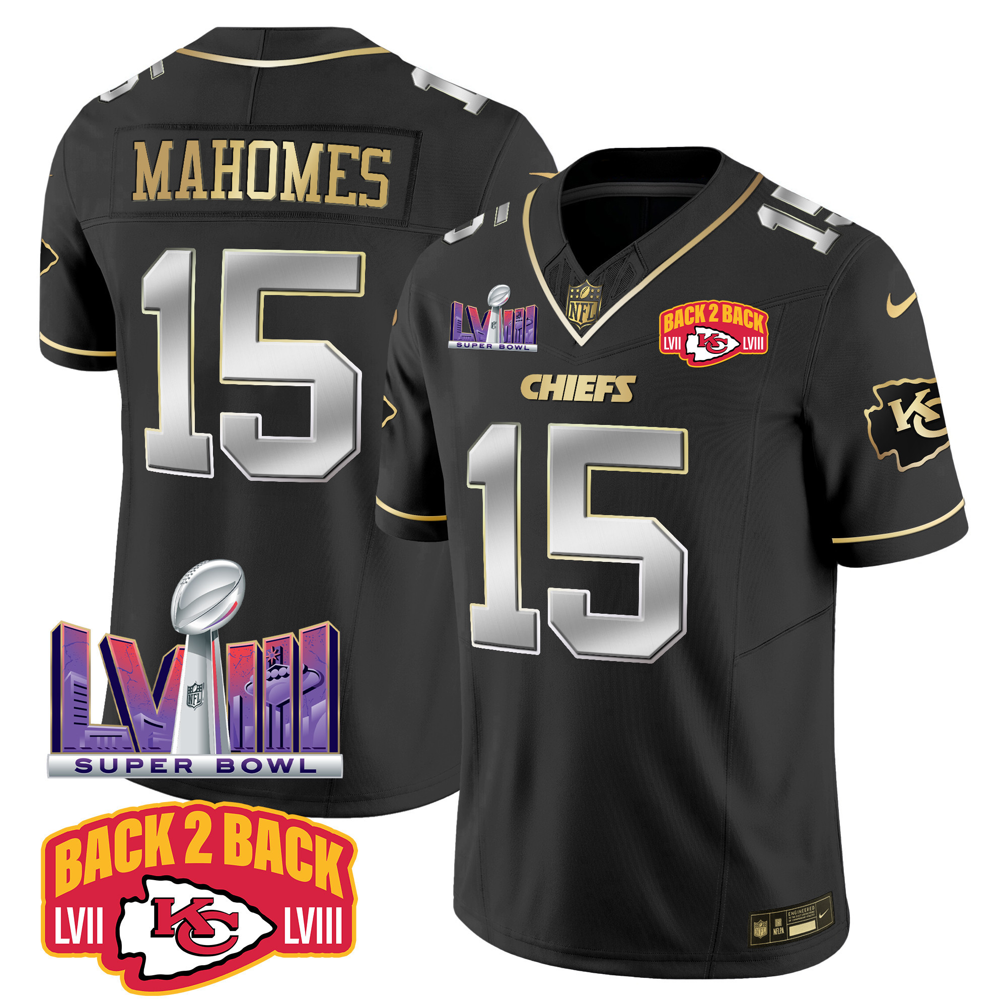 Men’s Kansas City Chiefs Super Bowl LVIII & Back 2 Back Patch Vapor Jersey V2 – All Stitched