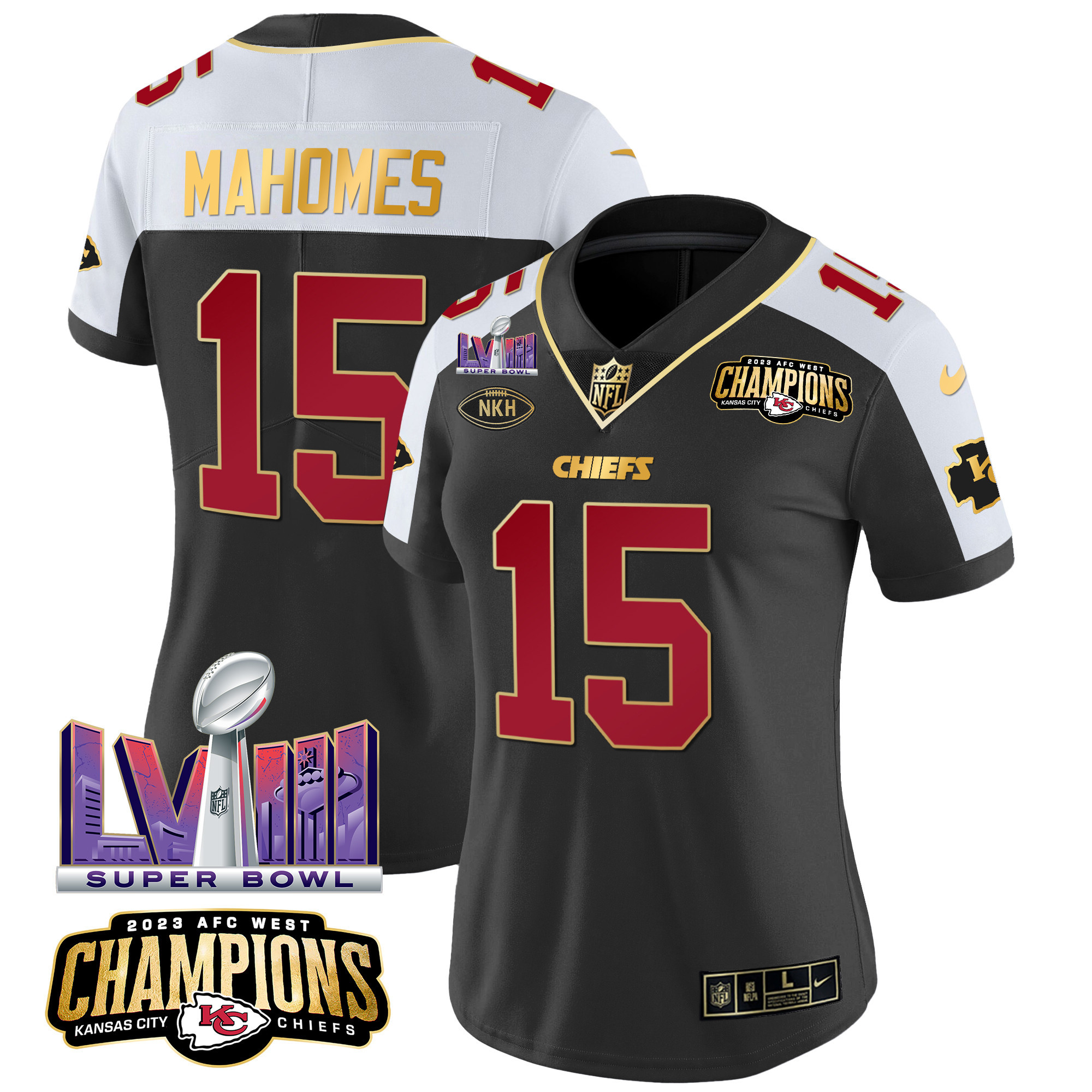 Women’s Kansas City Chiefs AFC West Champions & Super Bowl LVIII Patch Vapor Jersey – All Stitched