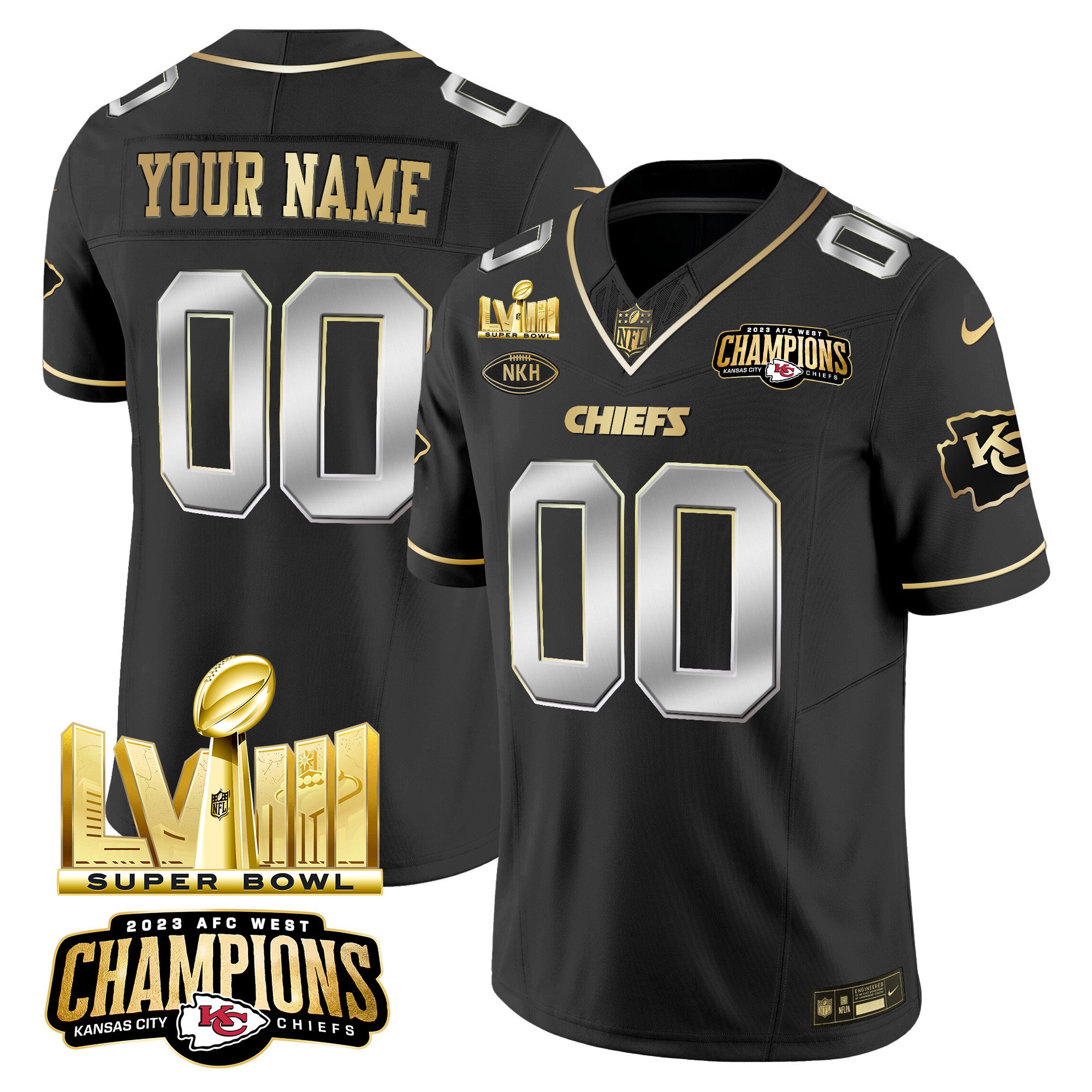 Kansas City Chiefs AFC West Champions & Super Bowl LVIII Gold Patch Vapor Custom Jersey V2 – All Stitched