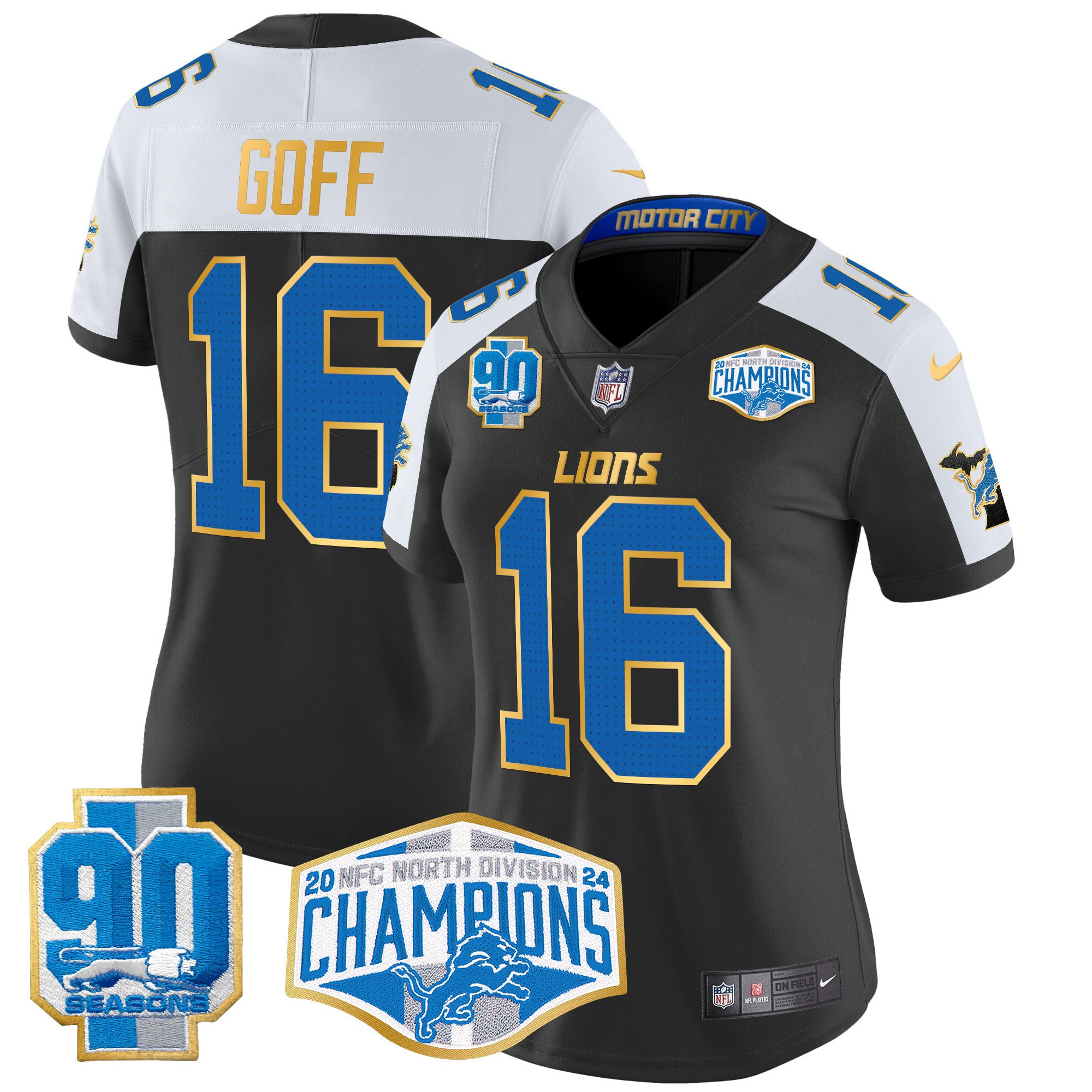 Women’s Detroit Lions 2024 NFC North Division Champions Patch Gold Trim Vapor Limited Jersey – All Stitched