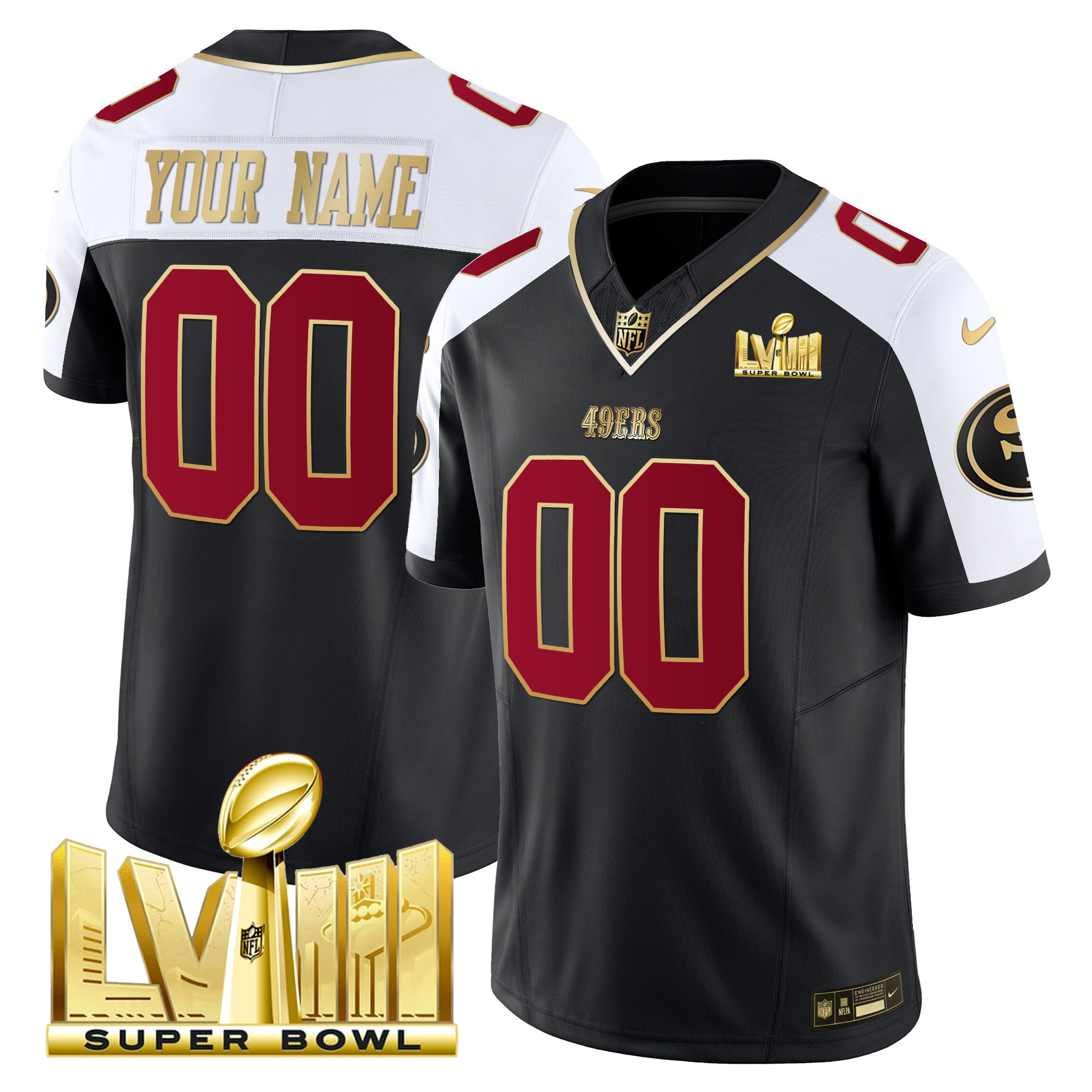San Francisco 49ers Super Bowl LVIII Gold Patch Vapor Custom Jersey – All Stitched