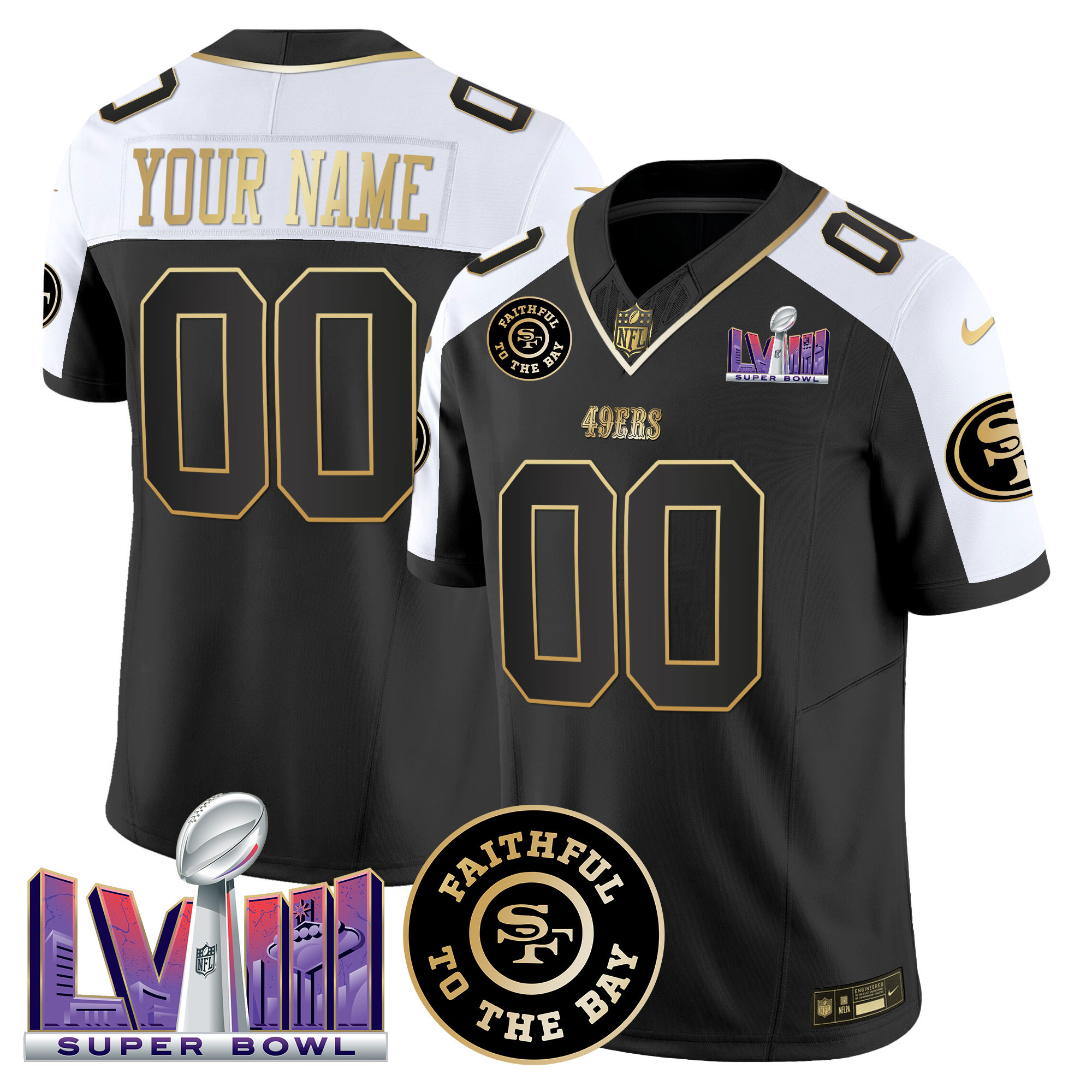 San Francisco 49ers Faithful & Super Bowl LVIII Patch Vapor Custom Jersey V2 – All Stitched